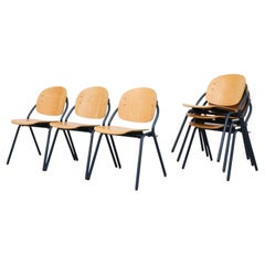 Funky Rounded Birch Stacking Chairs with Blue Enameled Metal Frames