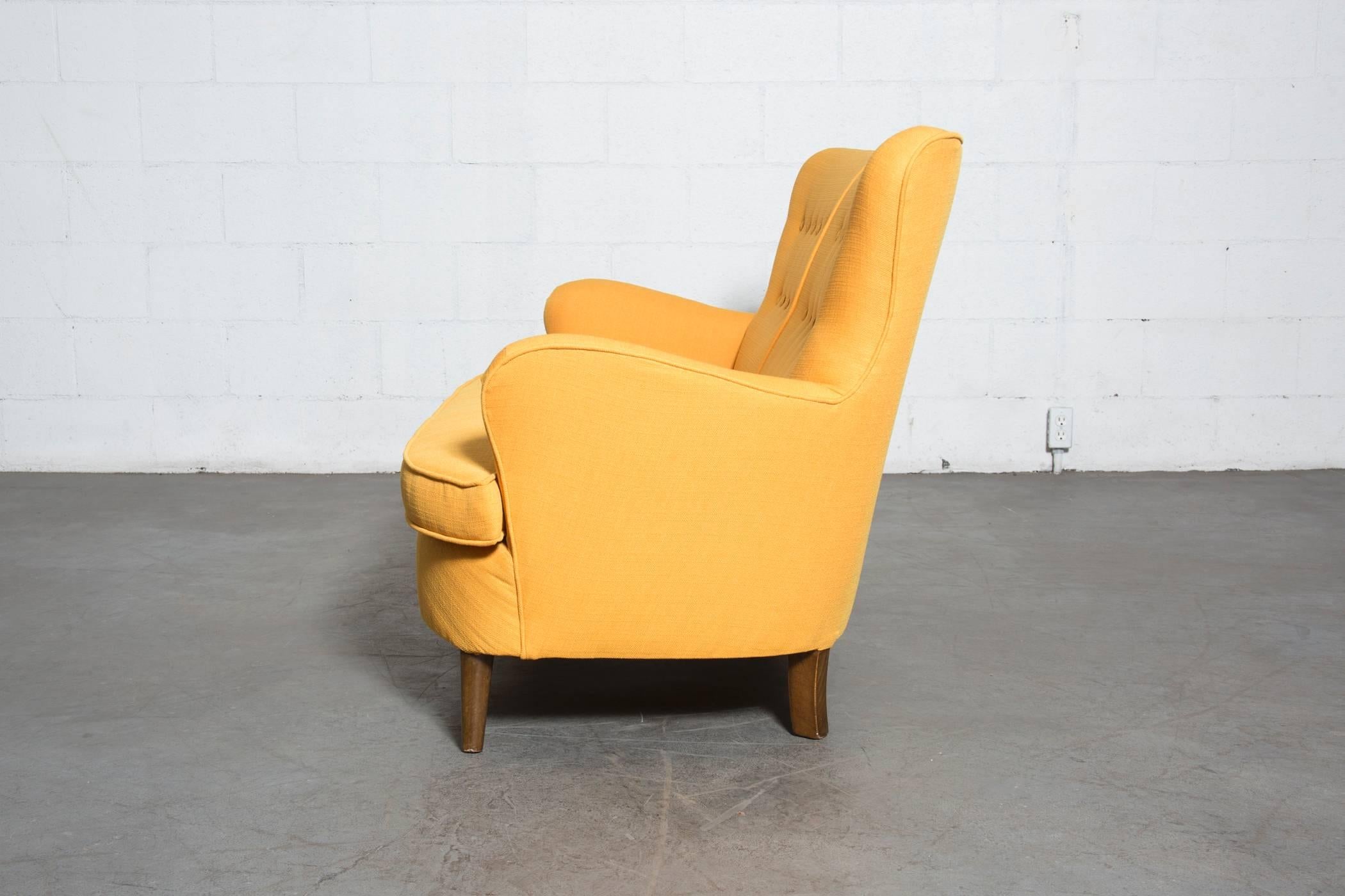 Mid-Century Modern Theo Ruth Style Wingback Loveseat in Sunshine Yellow