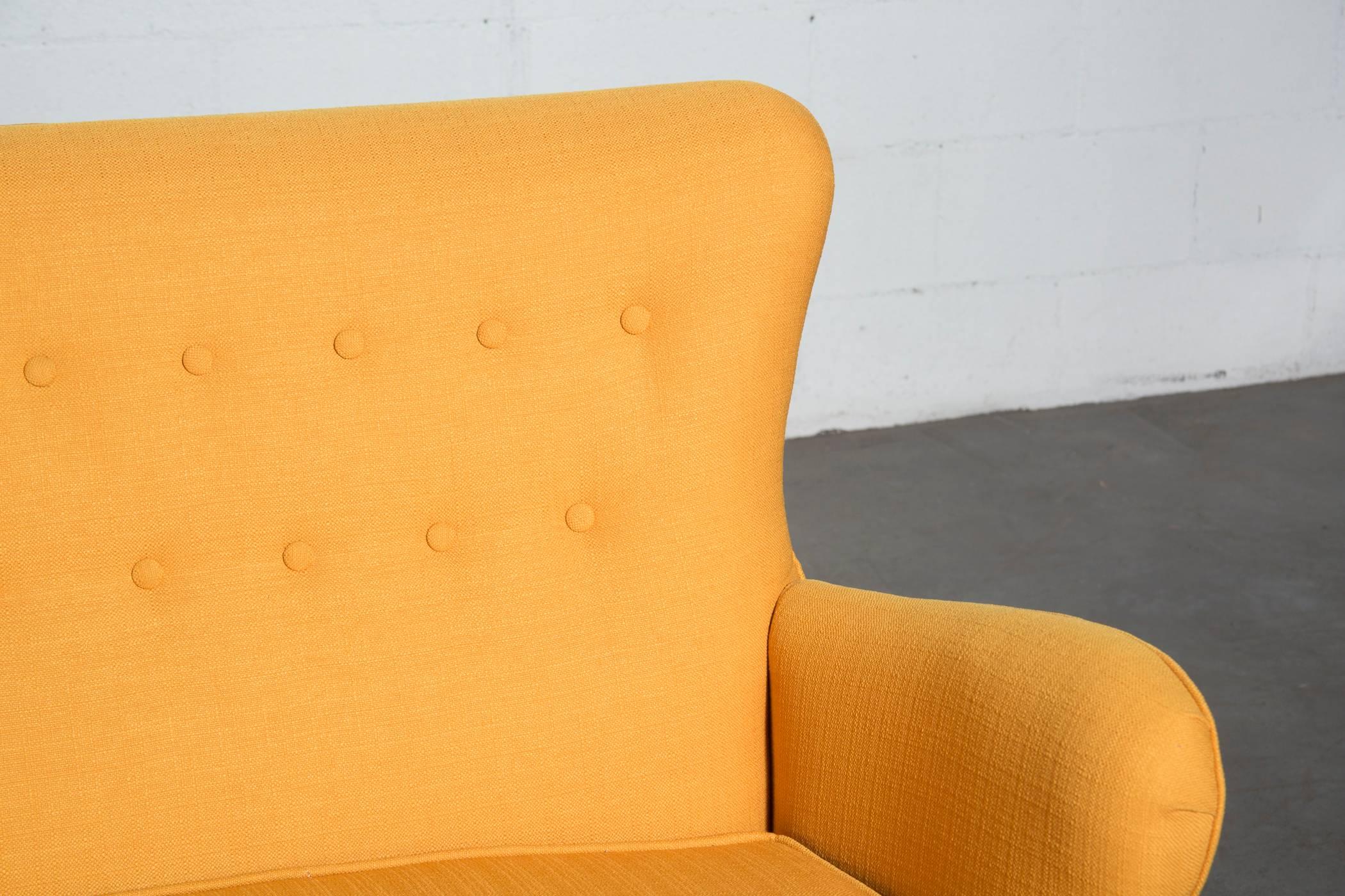 Mid-20th Century Theo Ruth Style Wingback Loveseat in Sunshine Yellow