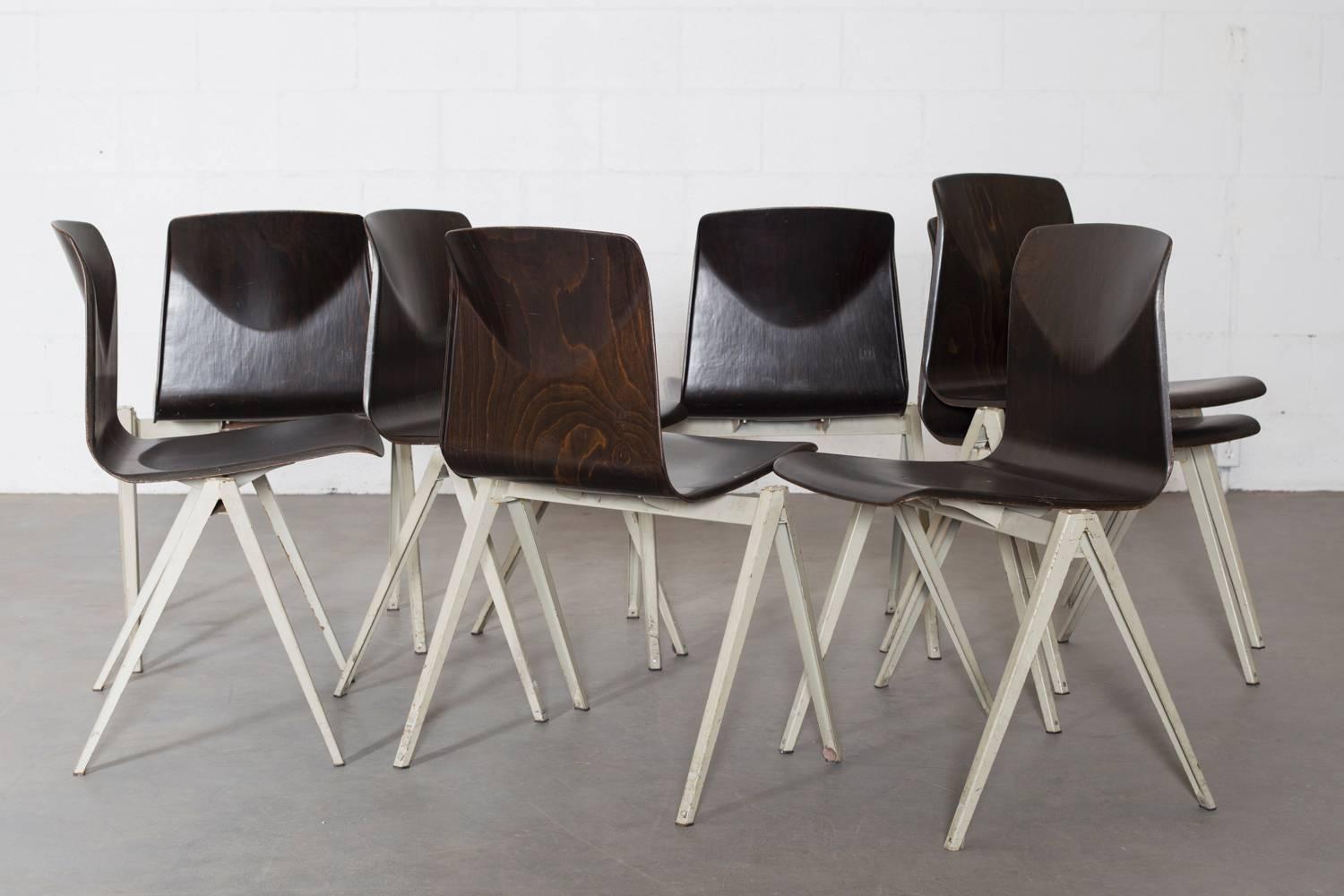 Mid-Century Modern Set of 12 Prouve Style Industrial Stacking School Chairs