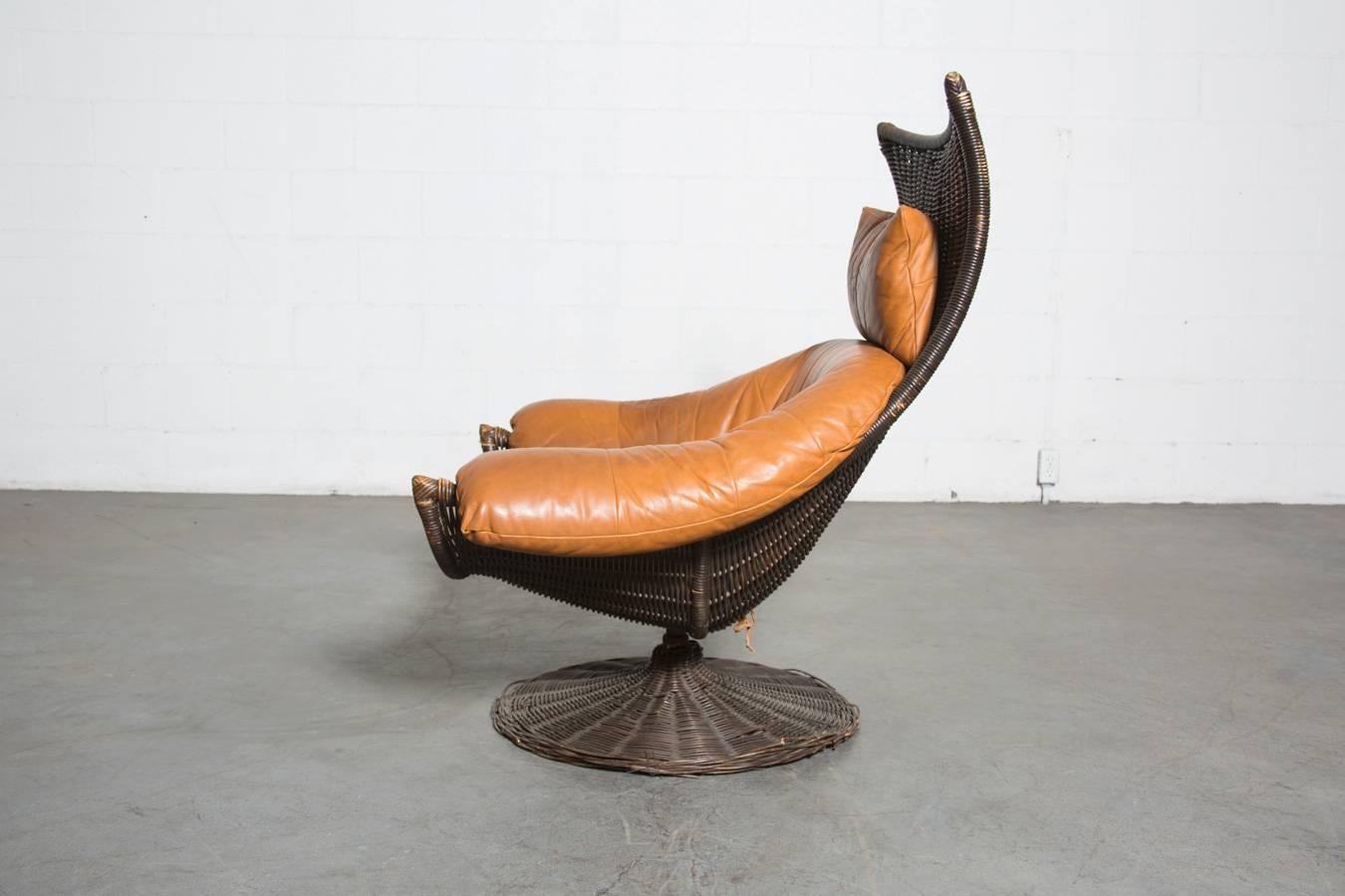 Mid-Century Modern Gerard Van Den Berg Leather and Rattan Lounge Chair for Montis