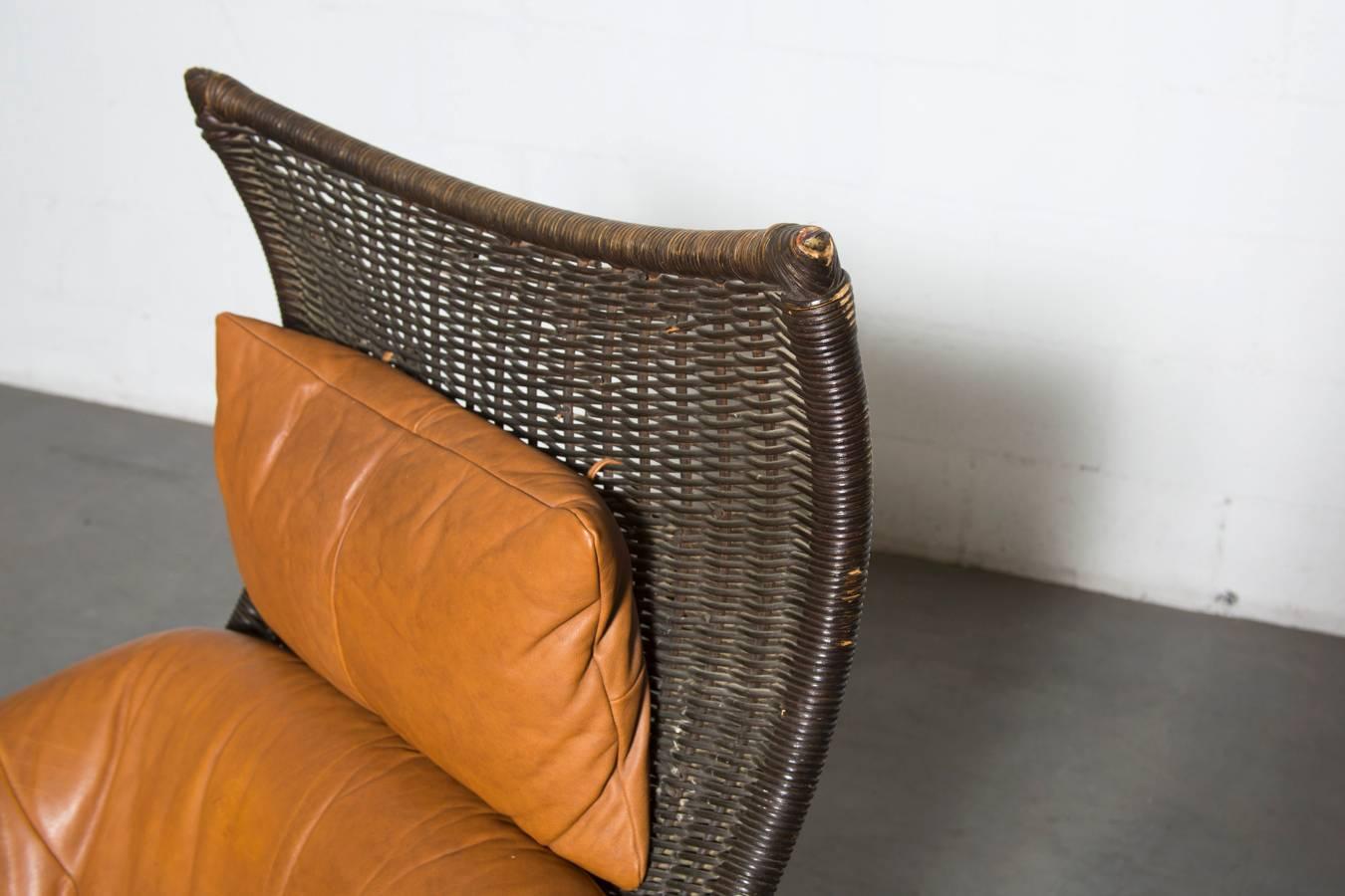Mid-20th Century Gerard Van Den Berg Leather and Rattan Lounge Chair for Montis