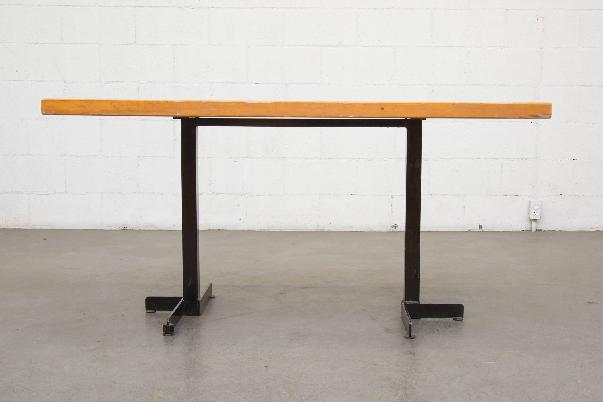 Mid-Century Modern Pine and Black Metal Frame Charlotte Perriand Table for Les Arcs