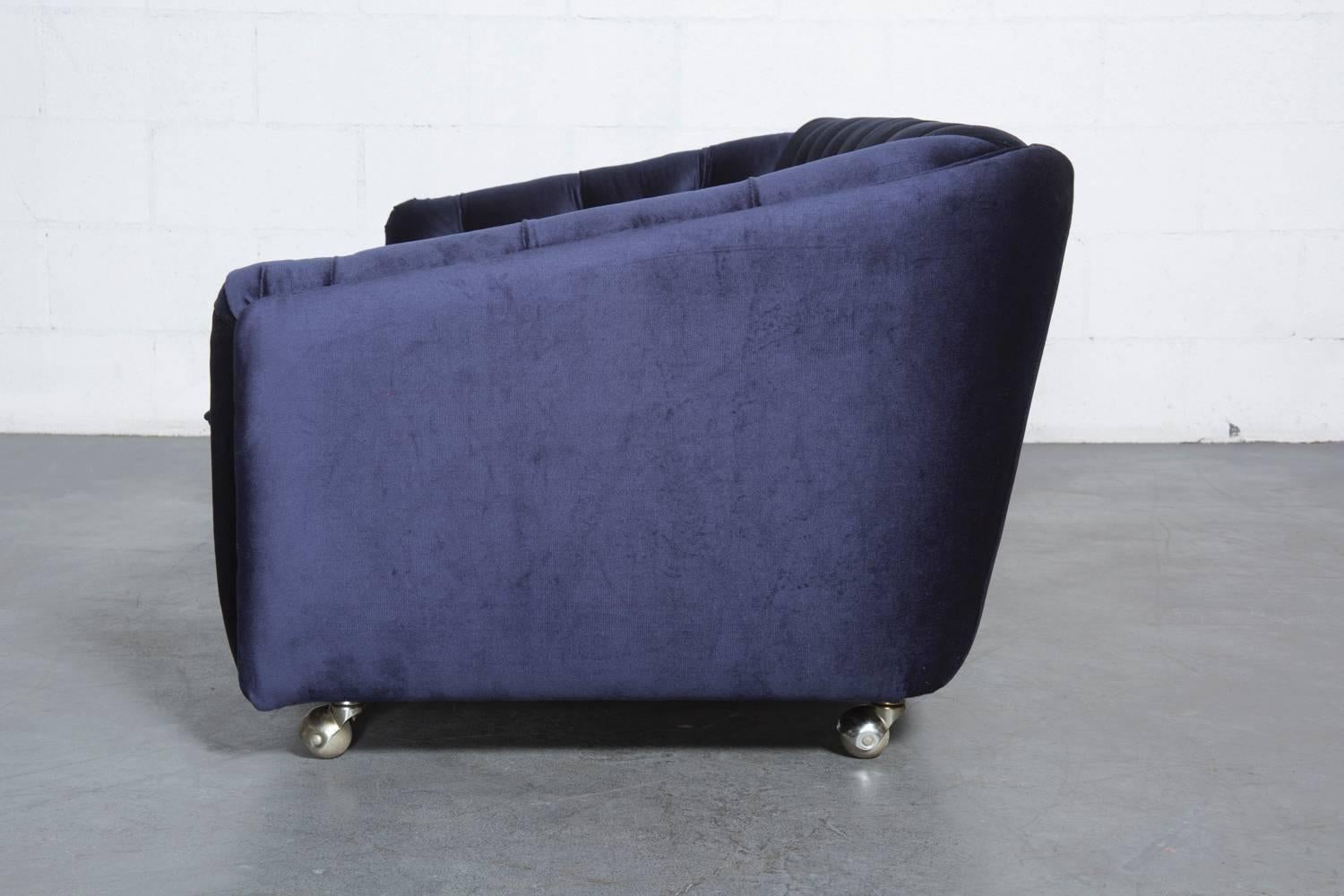 Mid-Century Modern Geoffrey Harcourt Designed Artifort C610 Blue Velvet Tufted Rolling Sofa