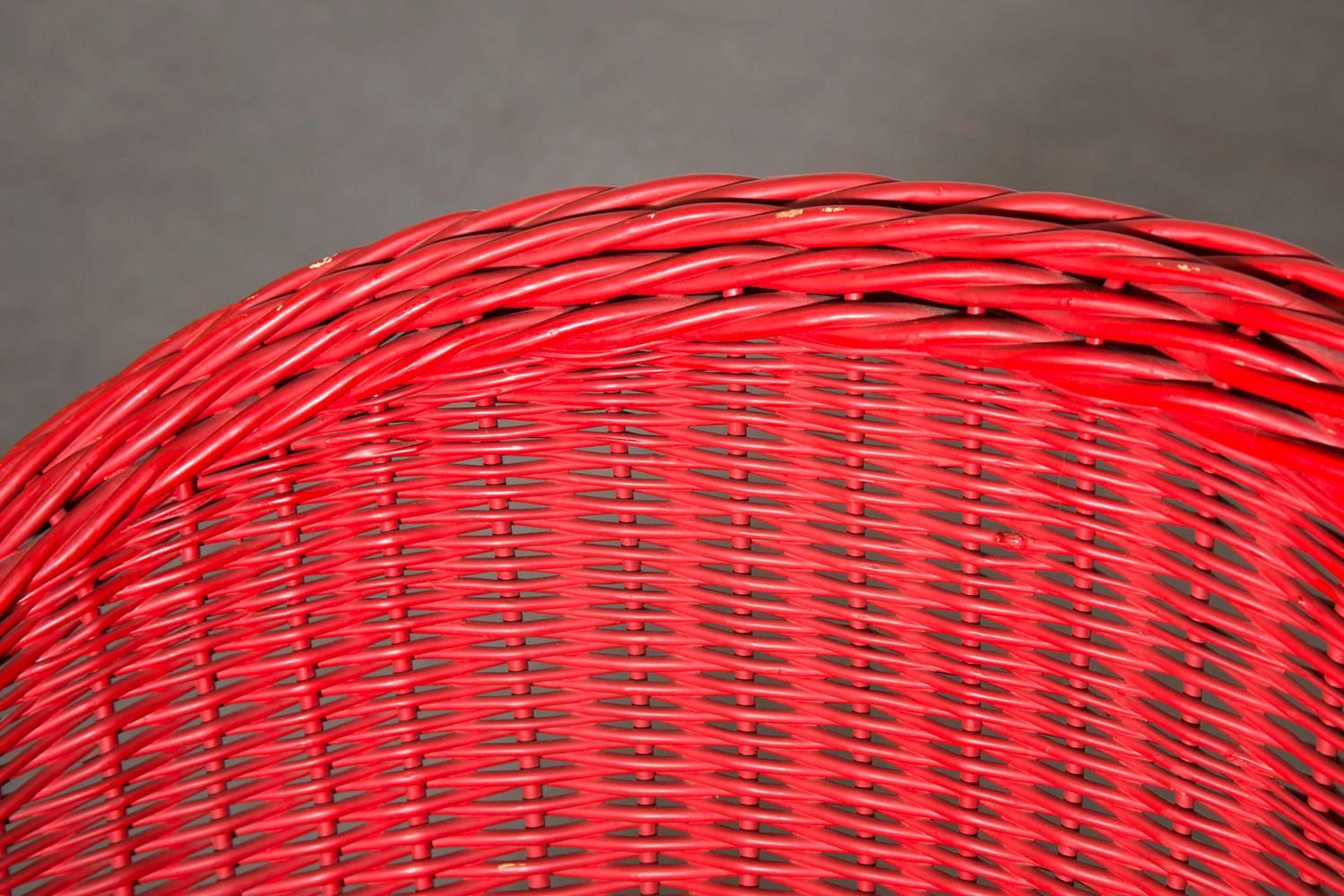 Mid-Century Modern Mid-Century Jacques Adnet Inspired Red Woven Rattan and Wire Hoop Chair For Sale