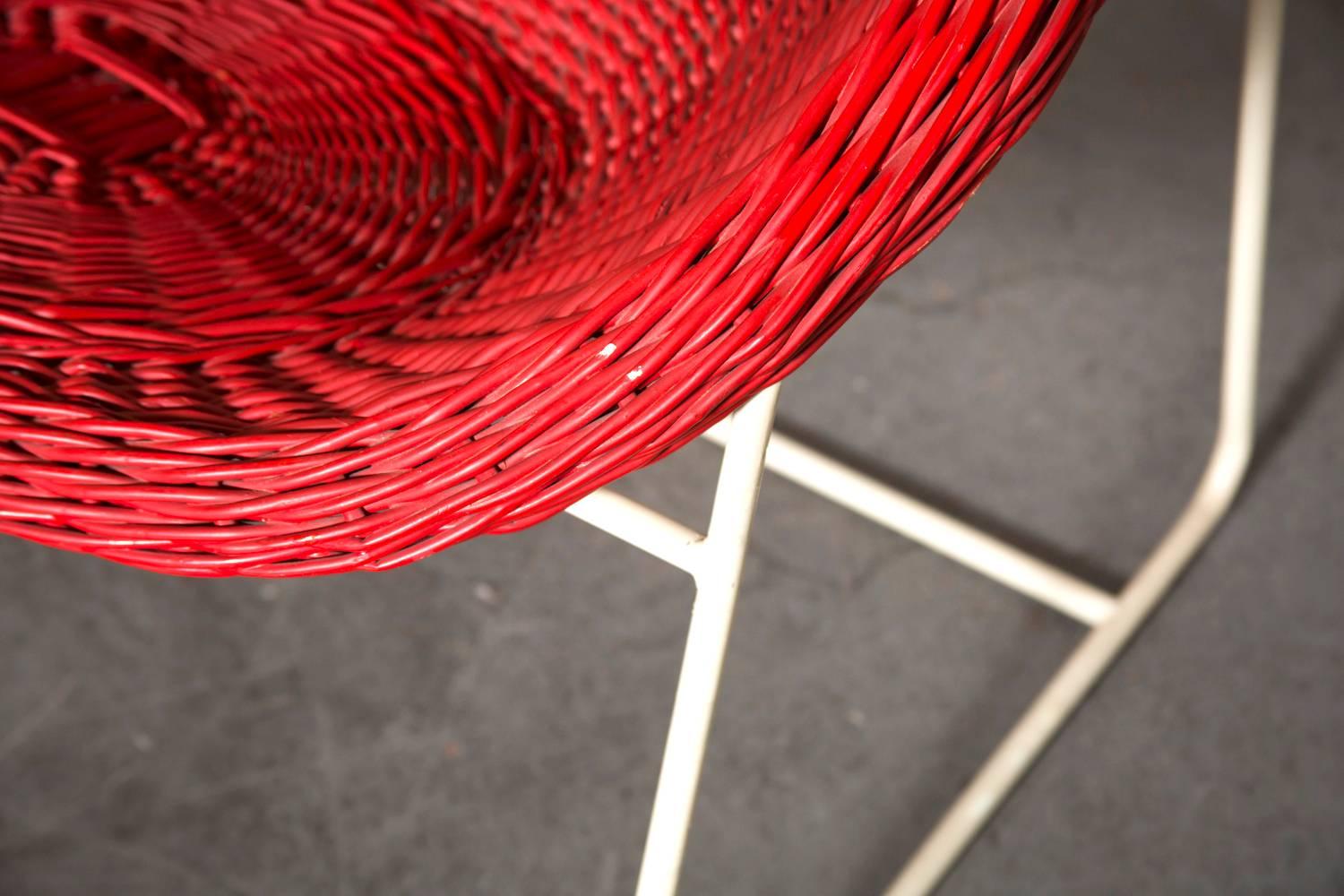 Dutch Mid-Century Jacques Adnet Inspired Red Woven Rattan and Wire Hoop Chair For Sale