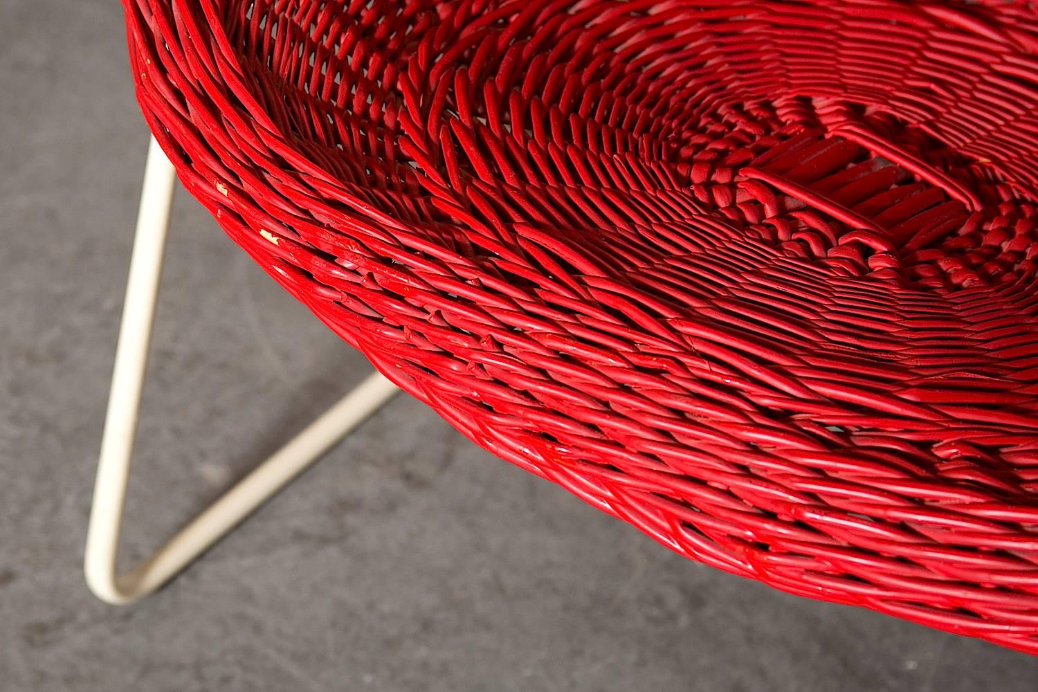 Powder-Coated Mid-Century Jacques Adnet Inspired Red Woven Rattan and Wire Hoop Chair For Sale