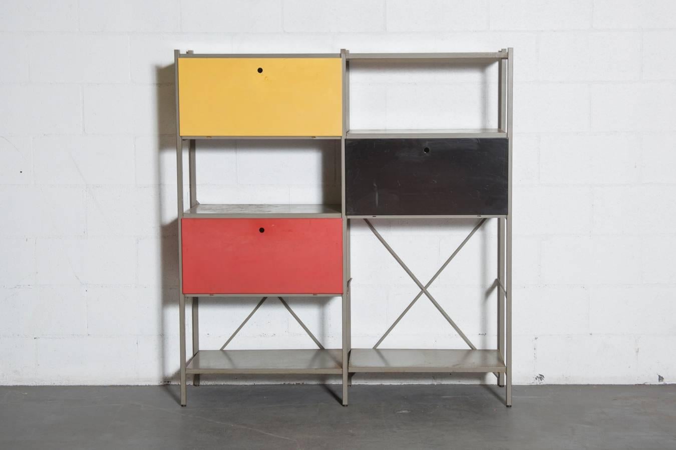 Colorful Industrial Two-Section Metal Storage Cabinet by Wim Rietveld for Gispen,1954. This design received the 