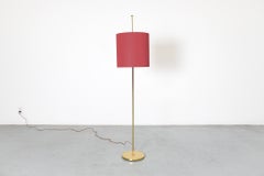 Mid-Century Swedish Brass Floor Lamp w/ Red Chenille Drum Shade & Plexi Diffuser