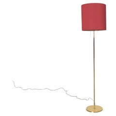 Mid-Century Swedish Brass Floor Lamp w/ Red Chenille Drum Shade & Plexi Diffuser