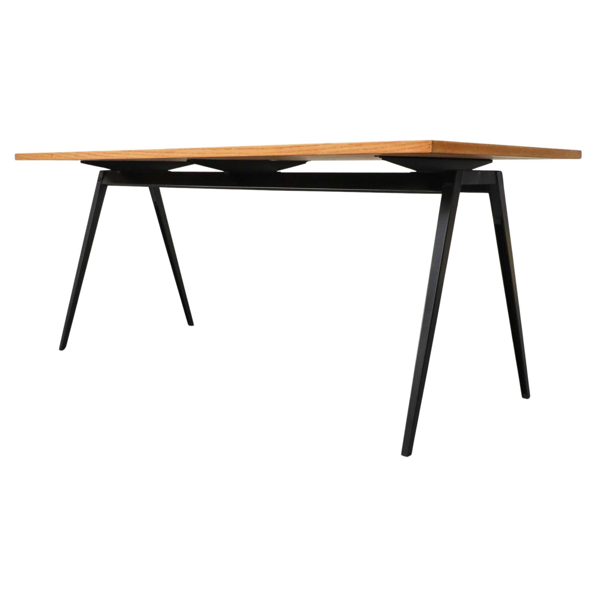 Jean Prouvé Style Conference Table with Marko Base & Vintage Oak Top, Dutch Mid- For Sale