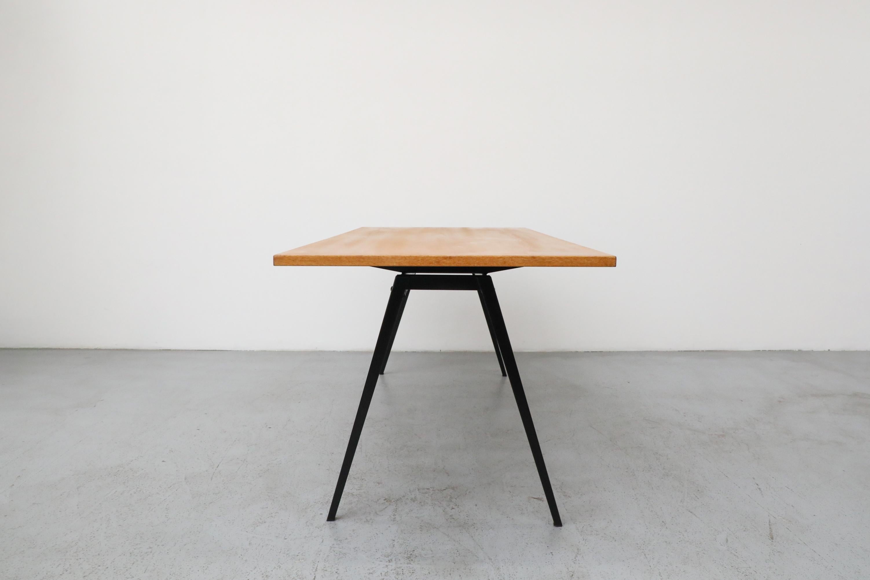 Mid-Century Modern Jean Prouvé Style Conference Table with Marko Base & Vintage Oak Top, Dutch Mid- For Sale