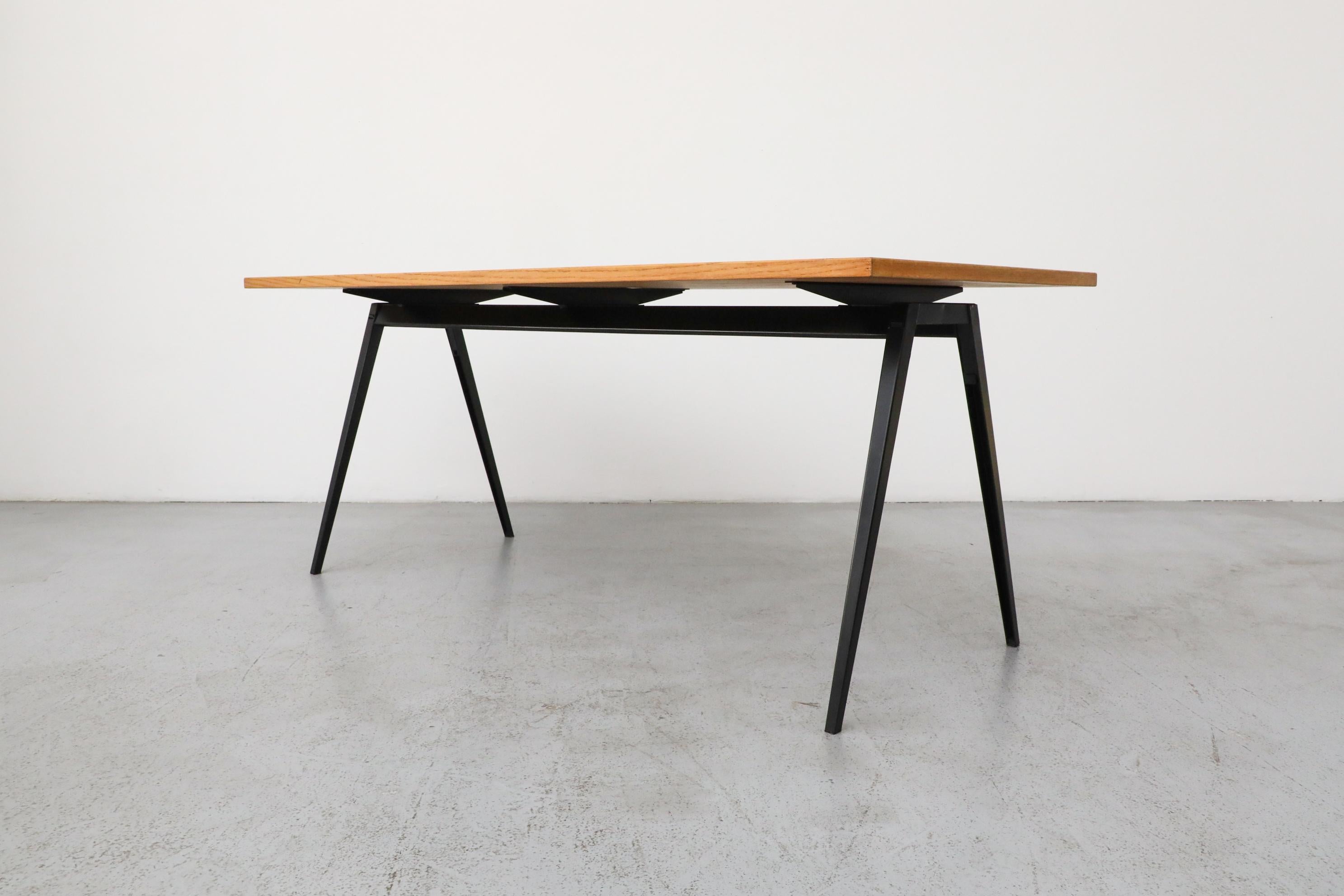 Jean Prouvé Style Conference Table with Marko Base & Vintage Oak Top, Dutch Mid- For Sale 1
