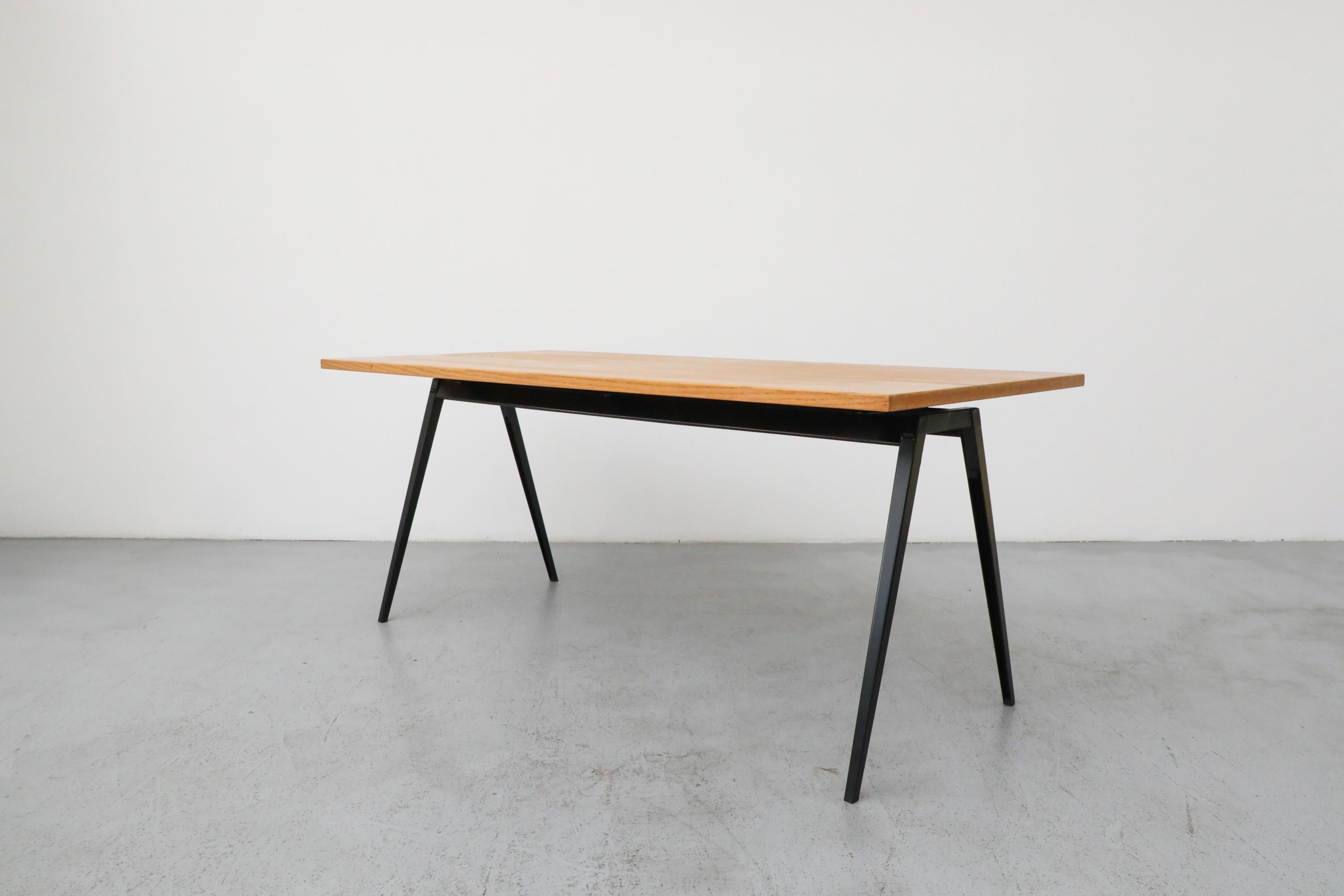 Jean Prouvé Style Conference Table with Marko Base & Vintage Oak Top, Dutch Mid- In Good Condition For Sale In Los Angeles, CA