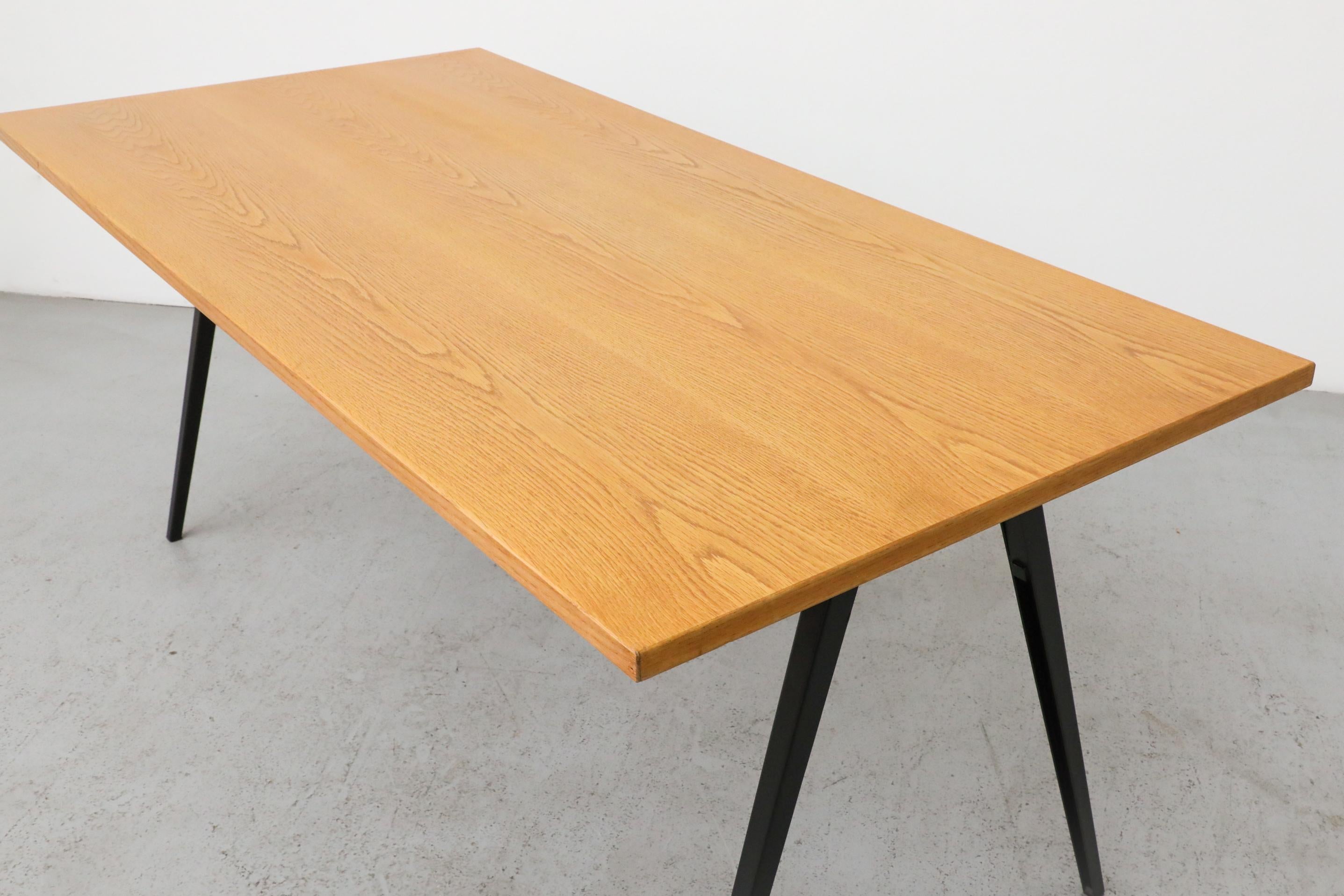 Jean Prouvé Style Conference Table with Marko Base & Vintage Oak Top, Dutch Mid- For Sale 2