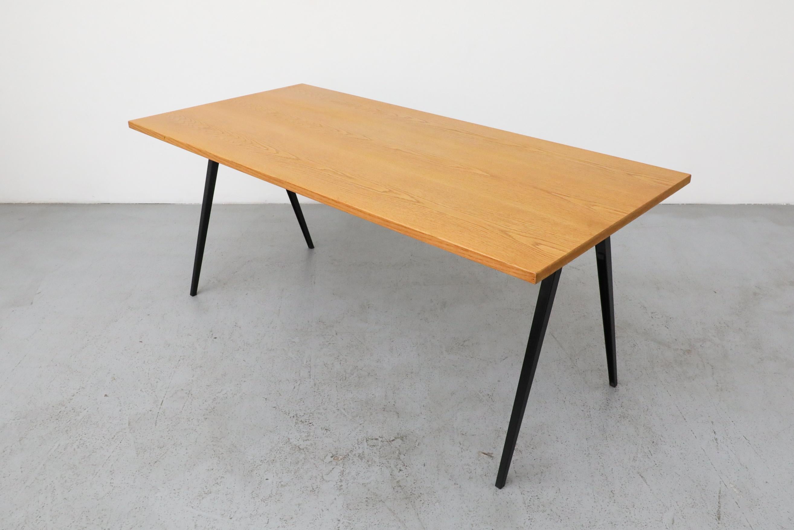 Metal Jean Prouvé Style Conference Table with Marko Base & Vintage Oak Top, Dutch Mid- For Sale