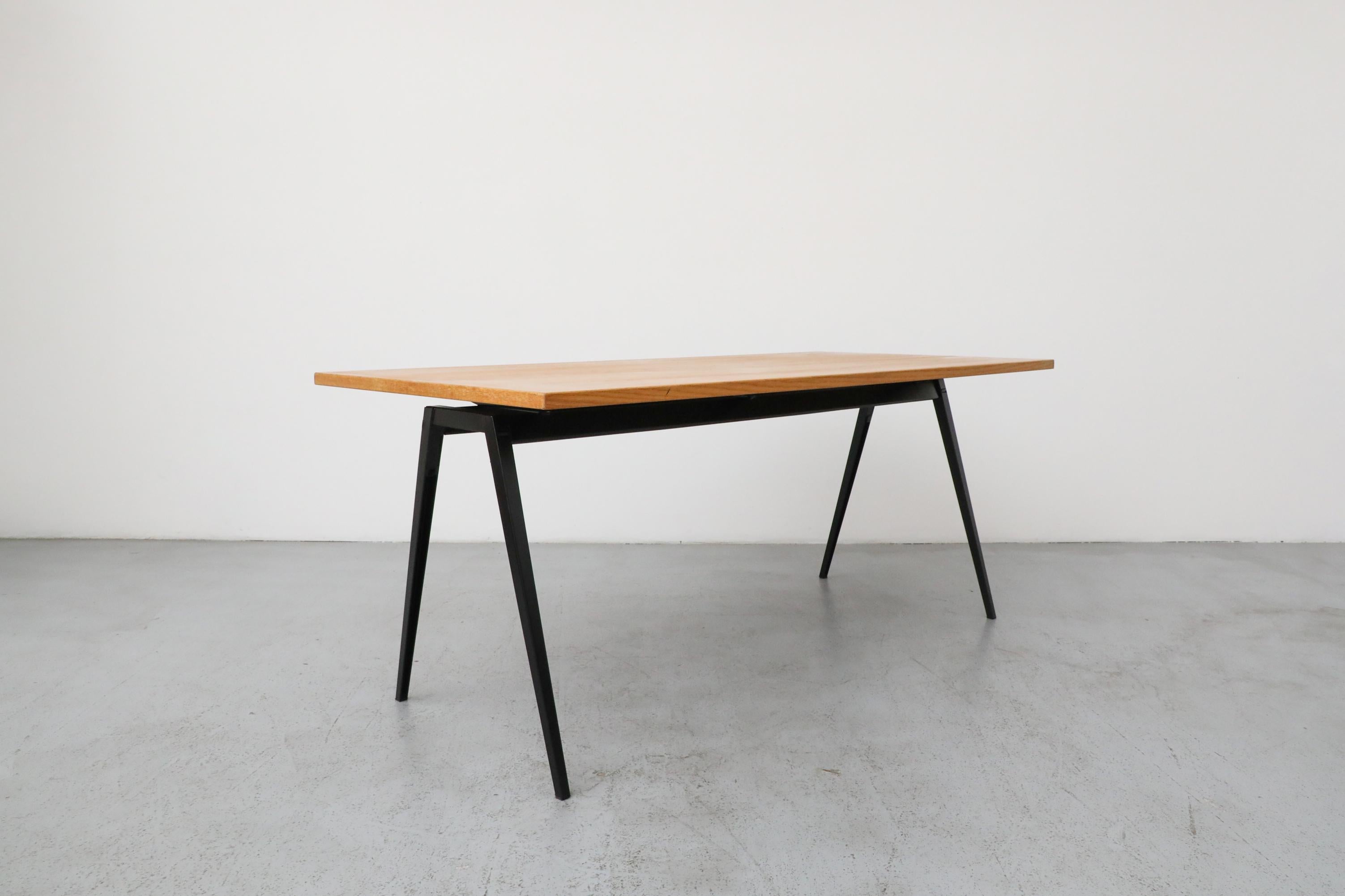 Enameled Jean Prouvé Style Conference Table with Marko Base & Vintage Oak Top, Dutch Mid- For Sale