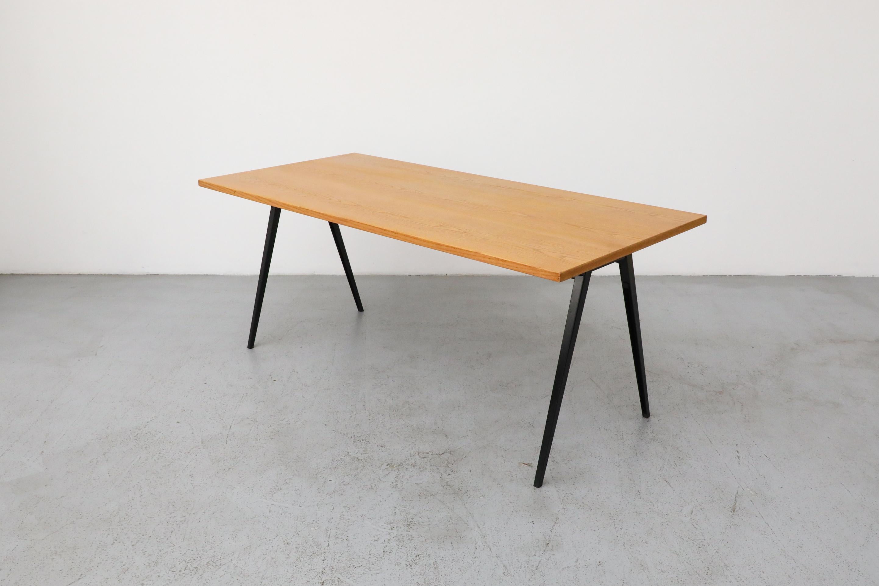 Late 20th Century Jean Prouvé Style Conference Table with Marko Base & Vintage Oak Top, Dutch Mid- For Sale