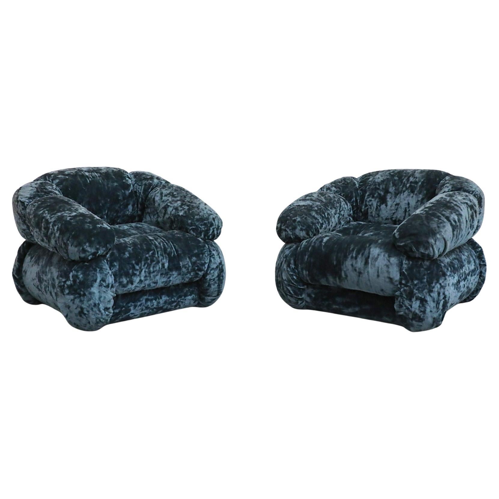 Paar Adriano Piazzesi Space Age Lounge Chairs, Blauer Samt, Italien 1970er