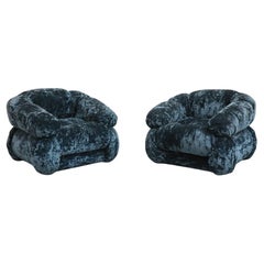 Pair of Adriano Piazzesi Space Age Lounge Chairs, Blue Velvet, Italy 1970s