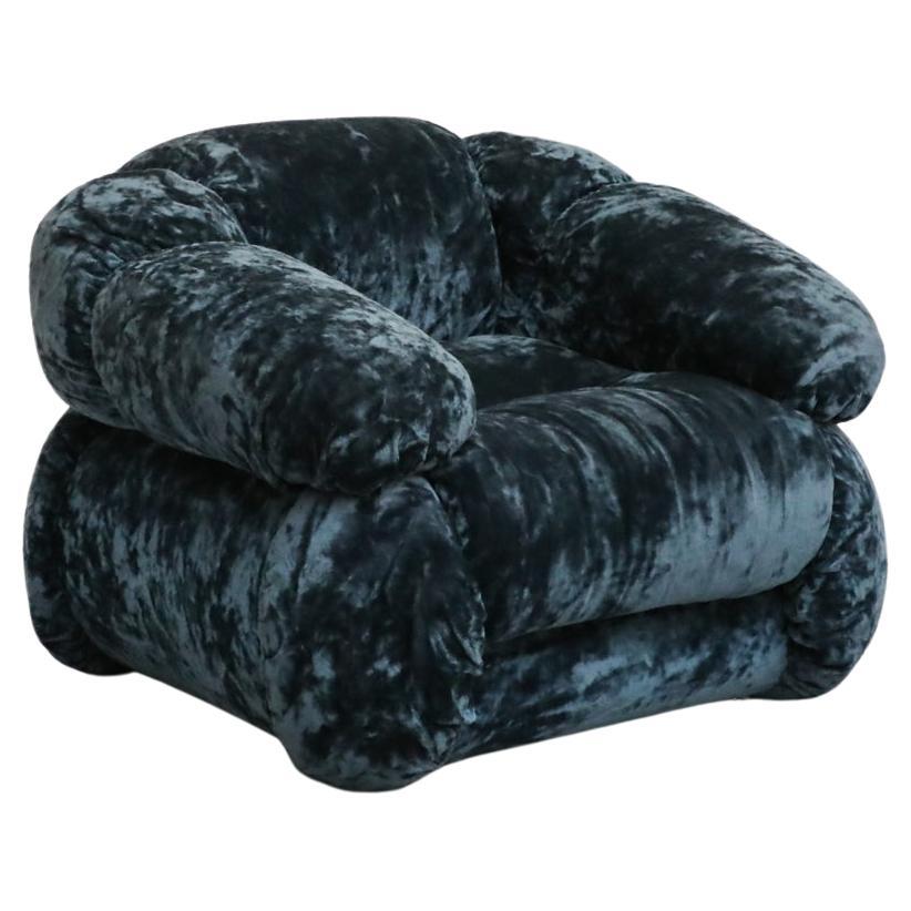 Adriano Piazzesi Space Age Lounge Chair, Blue Velvet, Italy 1970s For Sale