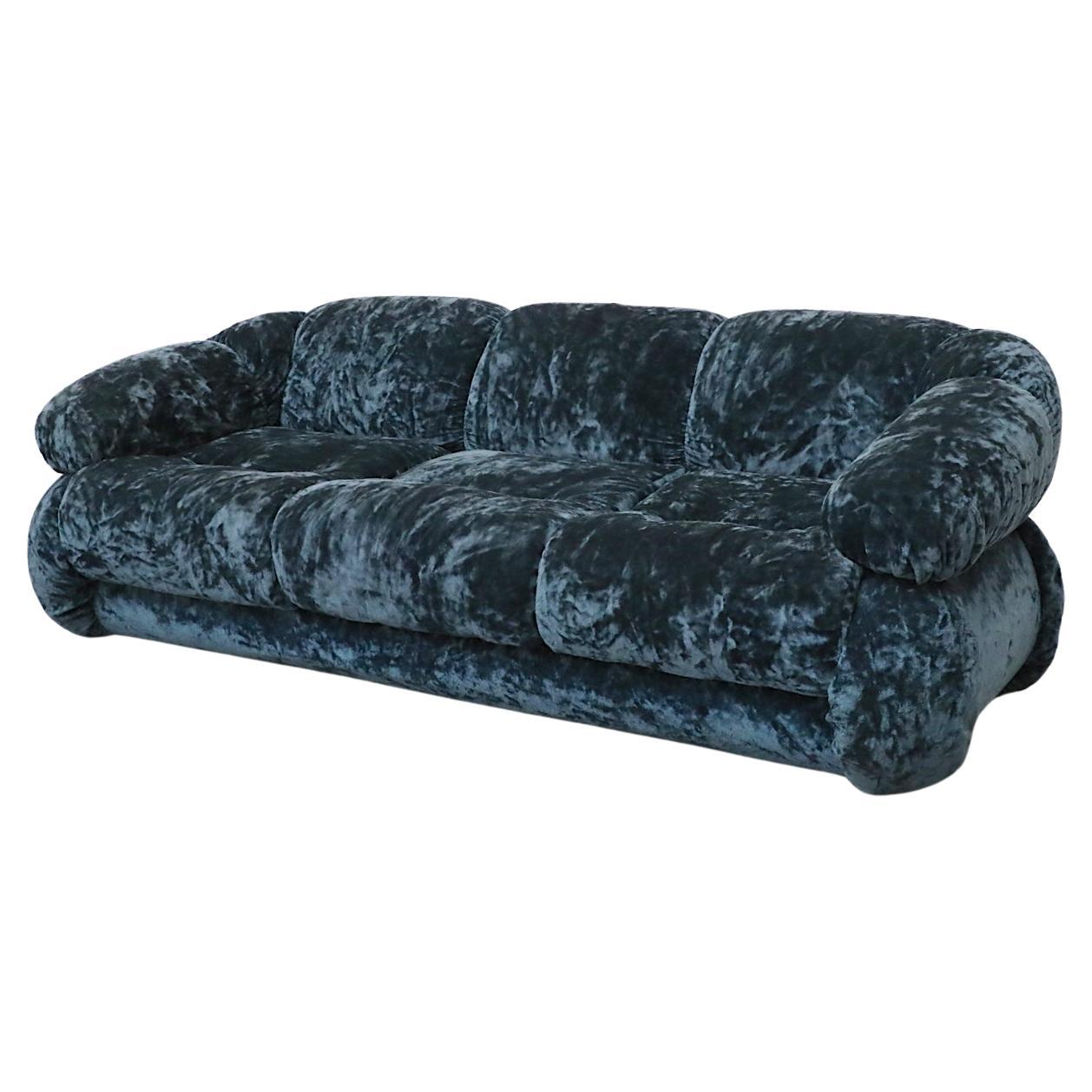 Adriano Piazzesi Space Age Sofa, Blue Crushed Velvet, Italy 1970s