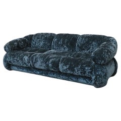 Adriano Piazzesi Space Age Sofa, Blue Crushed Velvet, Italy 1970s