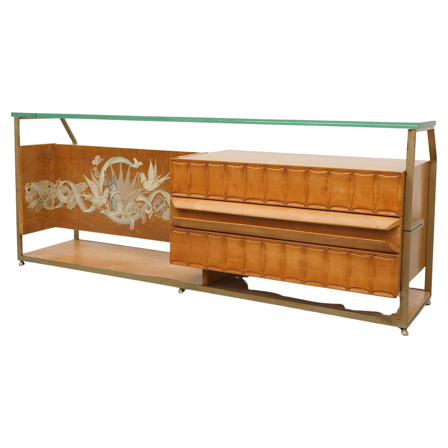Gio Ponti Inspired Italian Console with Glass Top by La Permanente Mobili Cantu For Sale