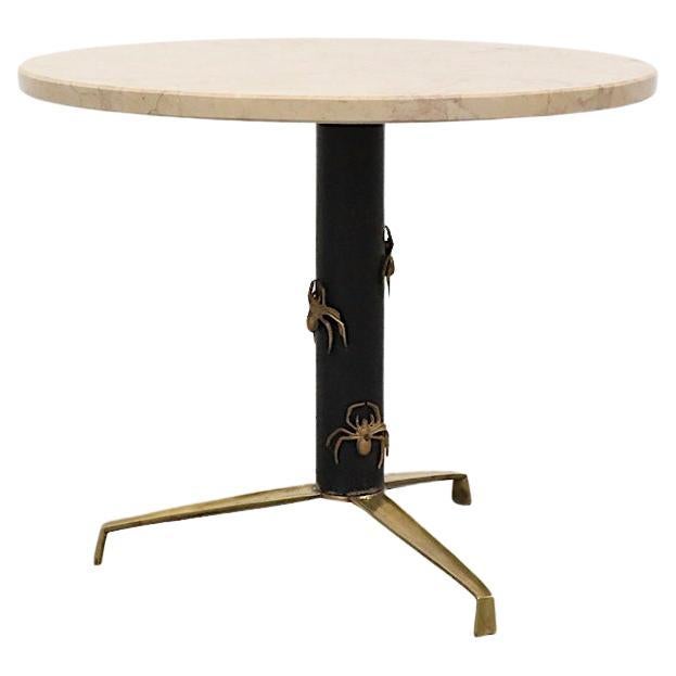 Mod Side Table with Round Marble Top and Brass Spider Motifs For Sale