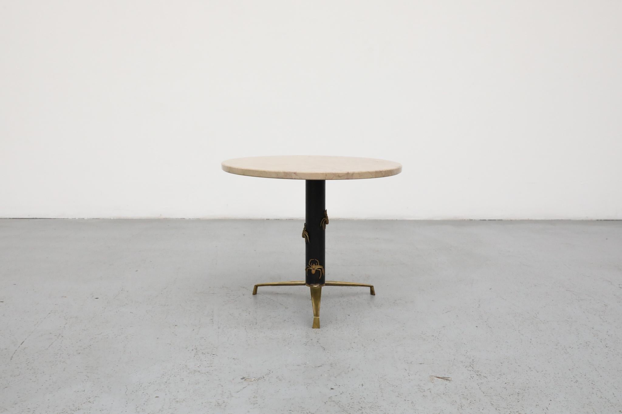 Enameled Mod Side Table with Round Marble Top and Brass Spider Motifs For Sale