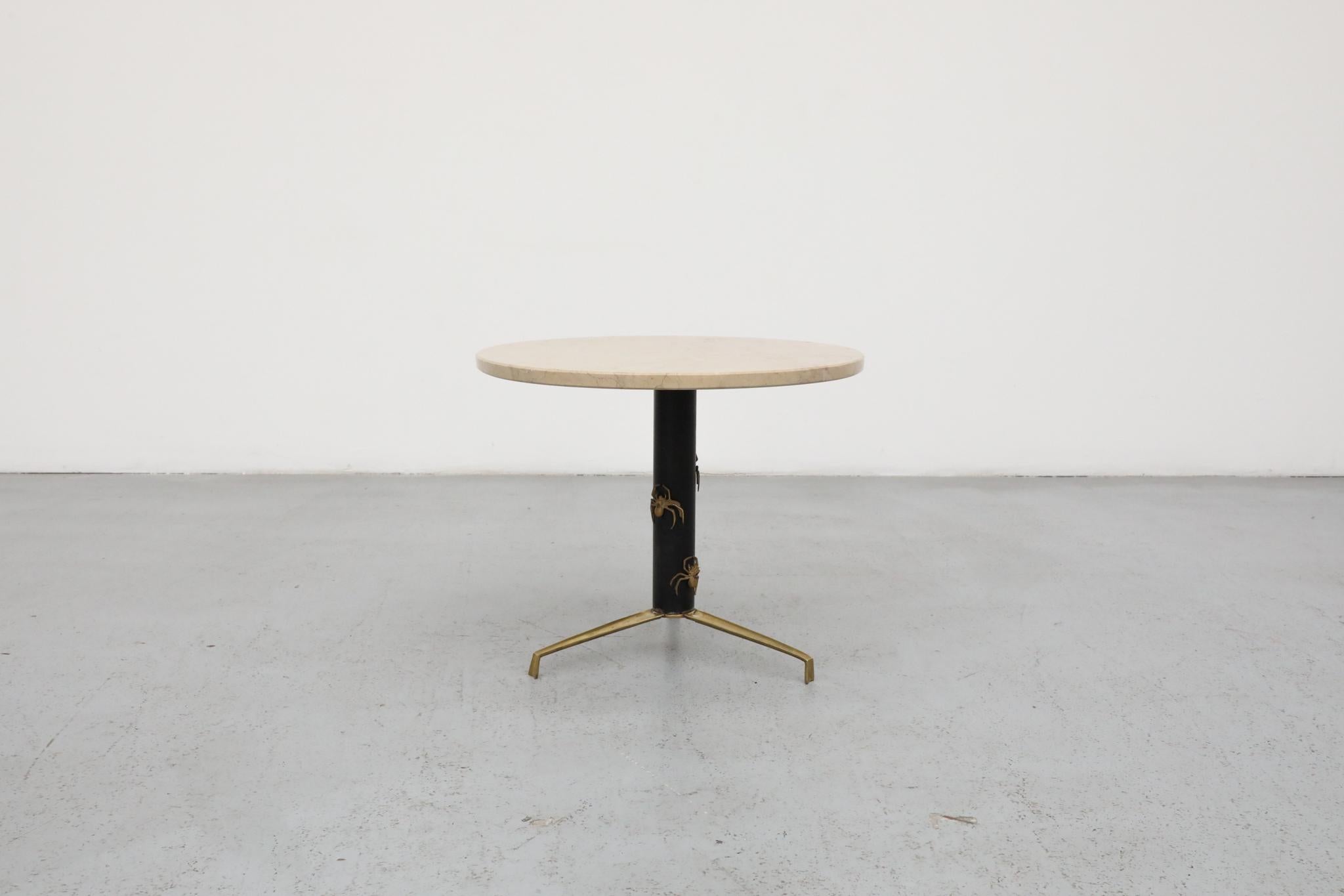 Mid-Century Modern Mod Side Table with Round Marble Top and Brass Spider Motifs For Sale