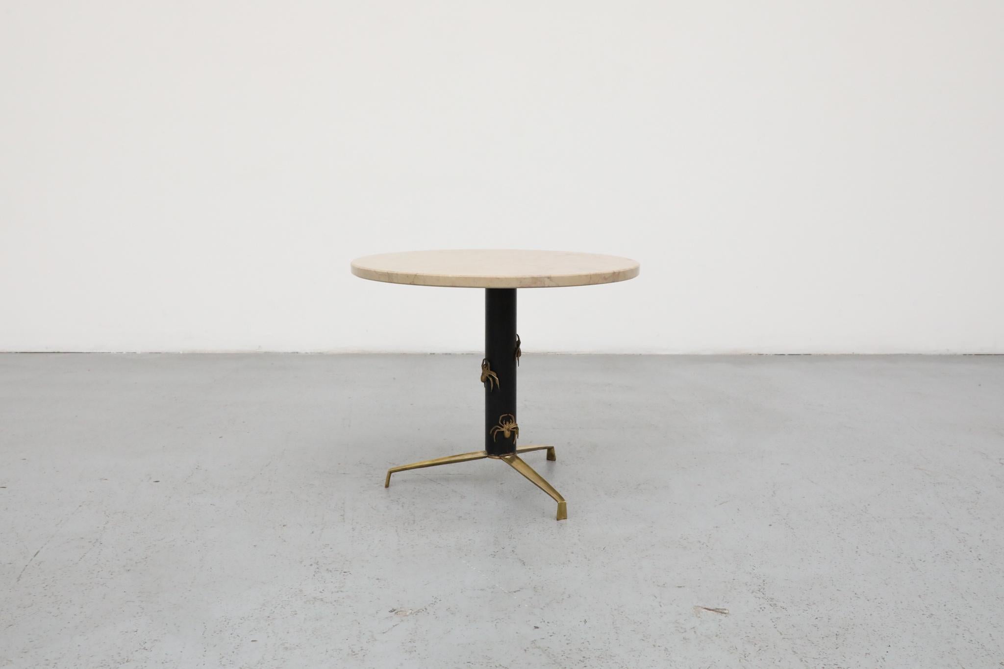 Italian Mod Side Table with Round Marble Top and Brass Spider Motifs For Sale