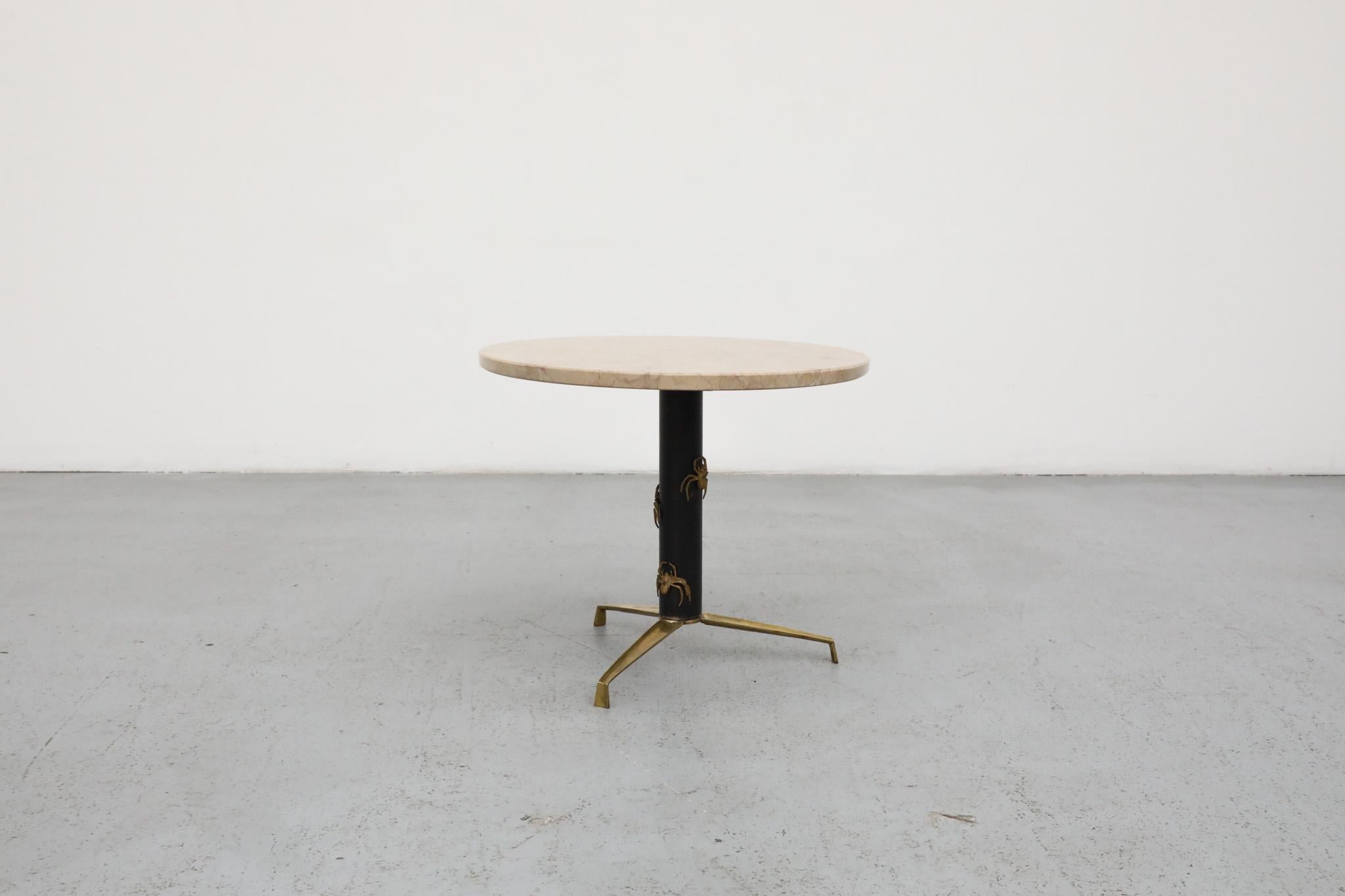 Mod Side Table with Round Marble Top and Brass Spider Motifs In Good Condition For Sale In Los Angeles, CA