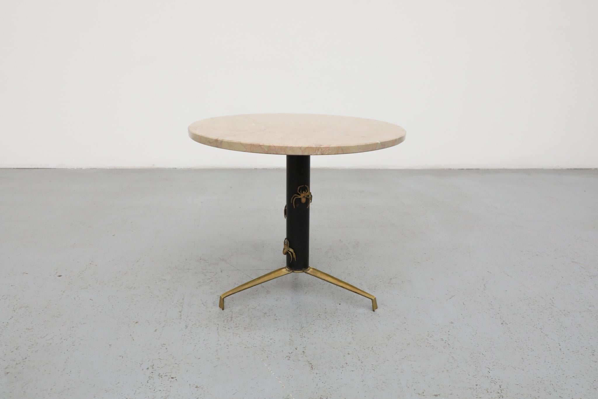 Metal Mod Side Table with Round Marble Top and Brass Spider Motifs For Sale