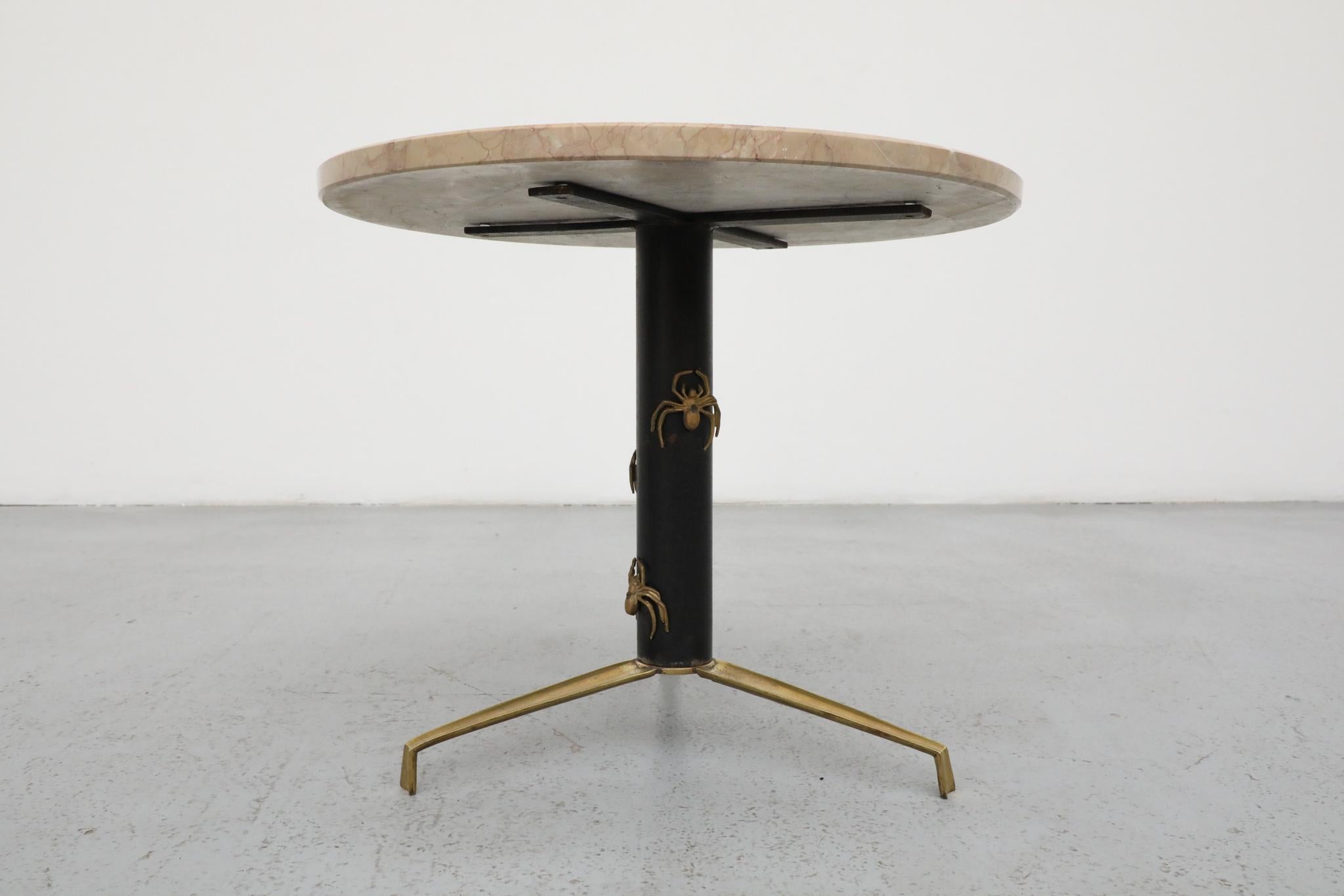 Mod Side Table with Round Marble Top and Brass Spider Motifs For Sale 1
