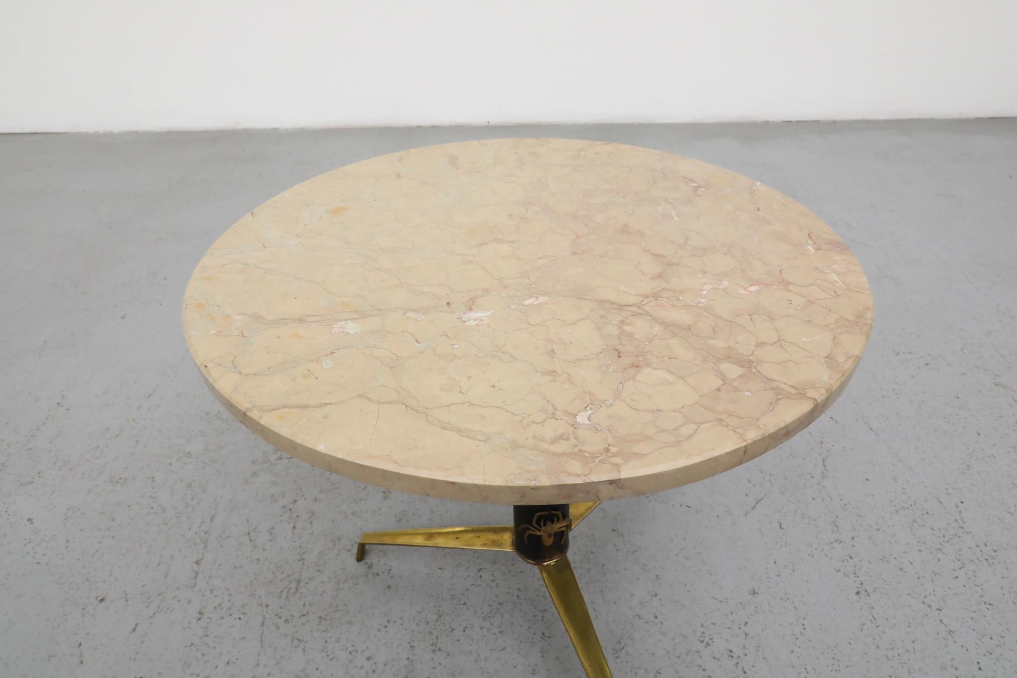 Mod Side Table with Round Marble Top and Brass Spider Motifs For Sale 3