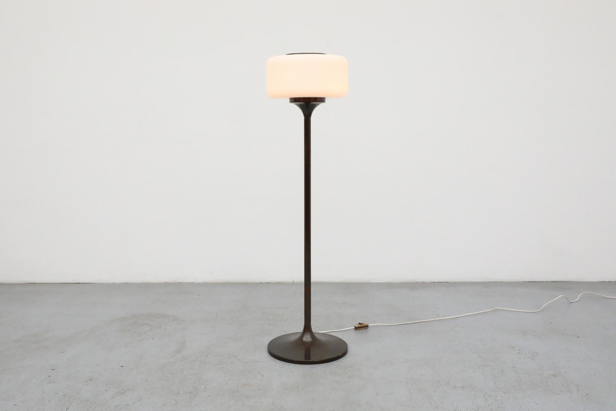 Mid-Century Modern Lampadaire sur pied en cuivre foncé avec abat-jour en verre au lait en forme de pilule en vente