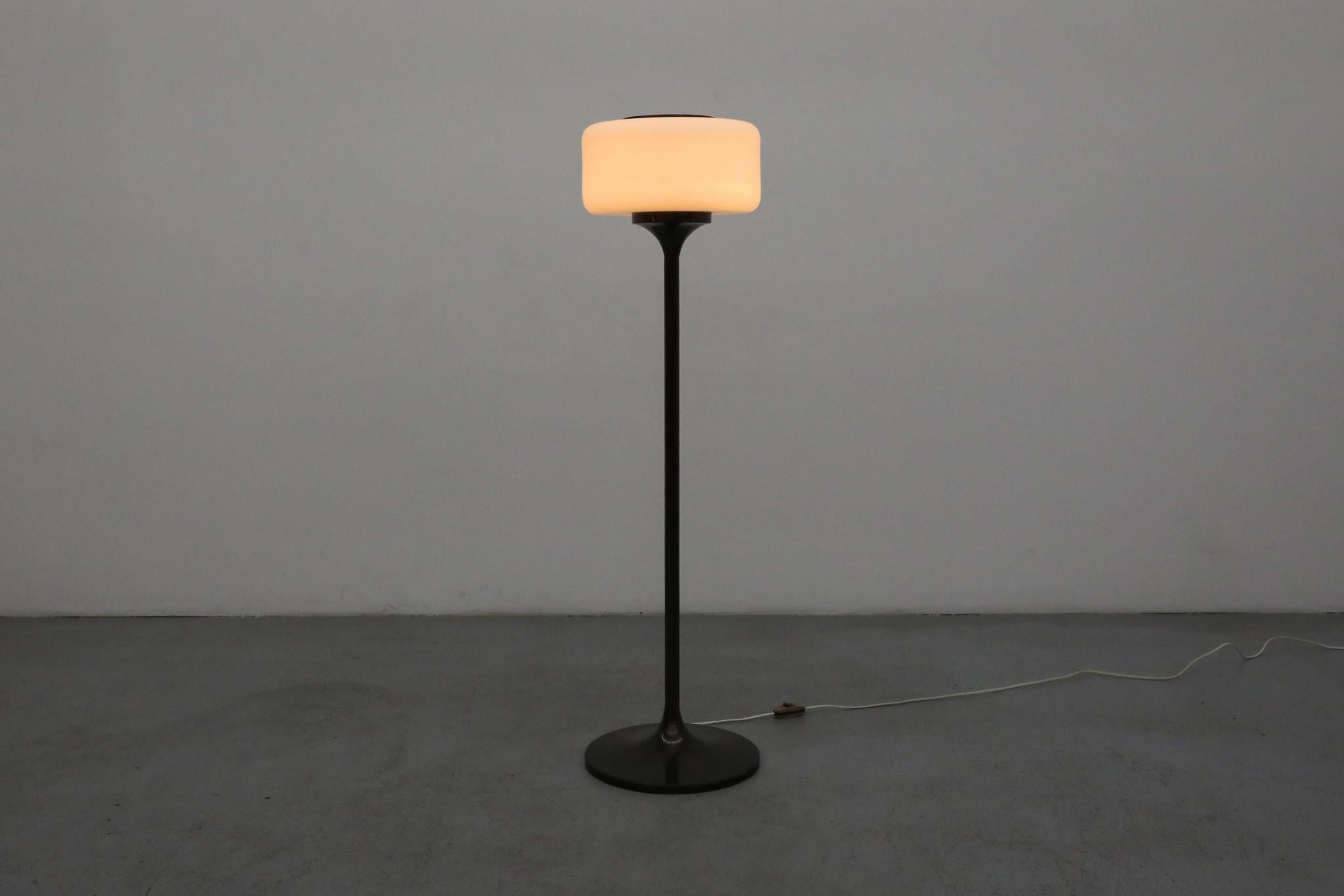 italien Lampadaire sur pied en cuivre foncé avec abat-jour en verre au lait en forme de pilule en vente