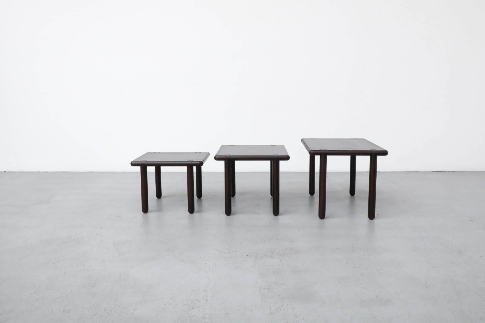 Stained Set of 3 Tobia Scarpa Style 1950'S Dark Oak Nesting Tables For Sale