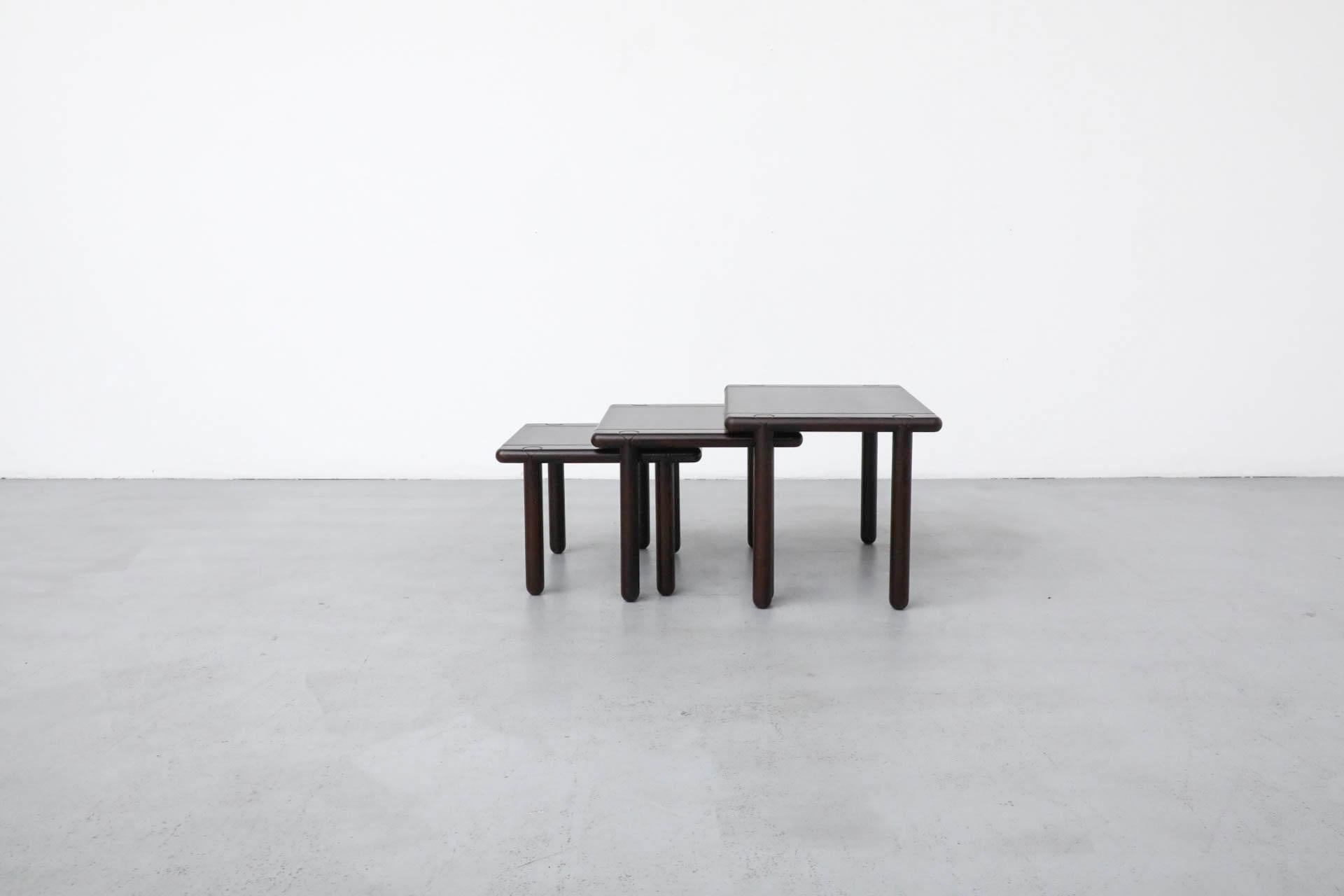 Set of 3 Tobia Scarpa Style 1950'S Dark Oak Nesting Tables In Good Condition For Sale In Los Angeles, CA