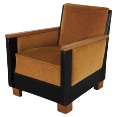 Art Deco Oak Lounge Chair in Mustard Mohair Upholstery