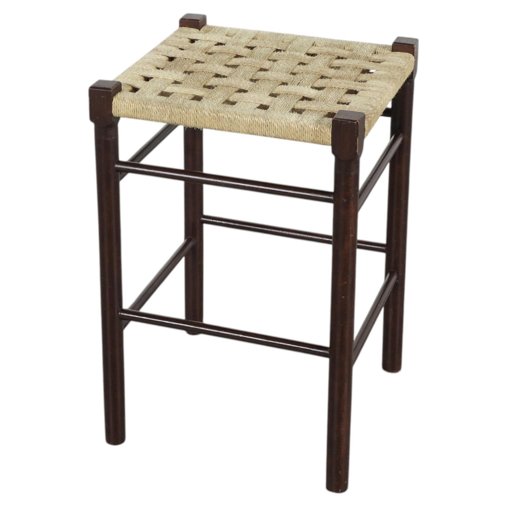 Dutch Mid-Century Charlotte Perriand Style Stool with Woven Rope Seat