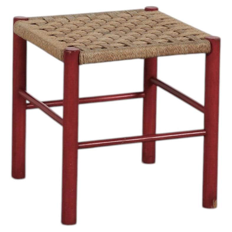Dutch Mid-Century Charlotte Perriand Style Red Stool with Rush
