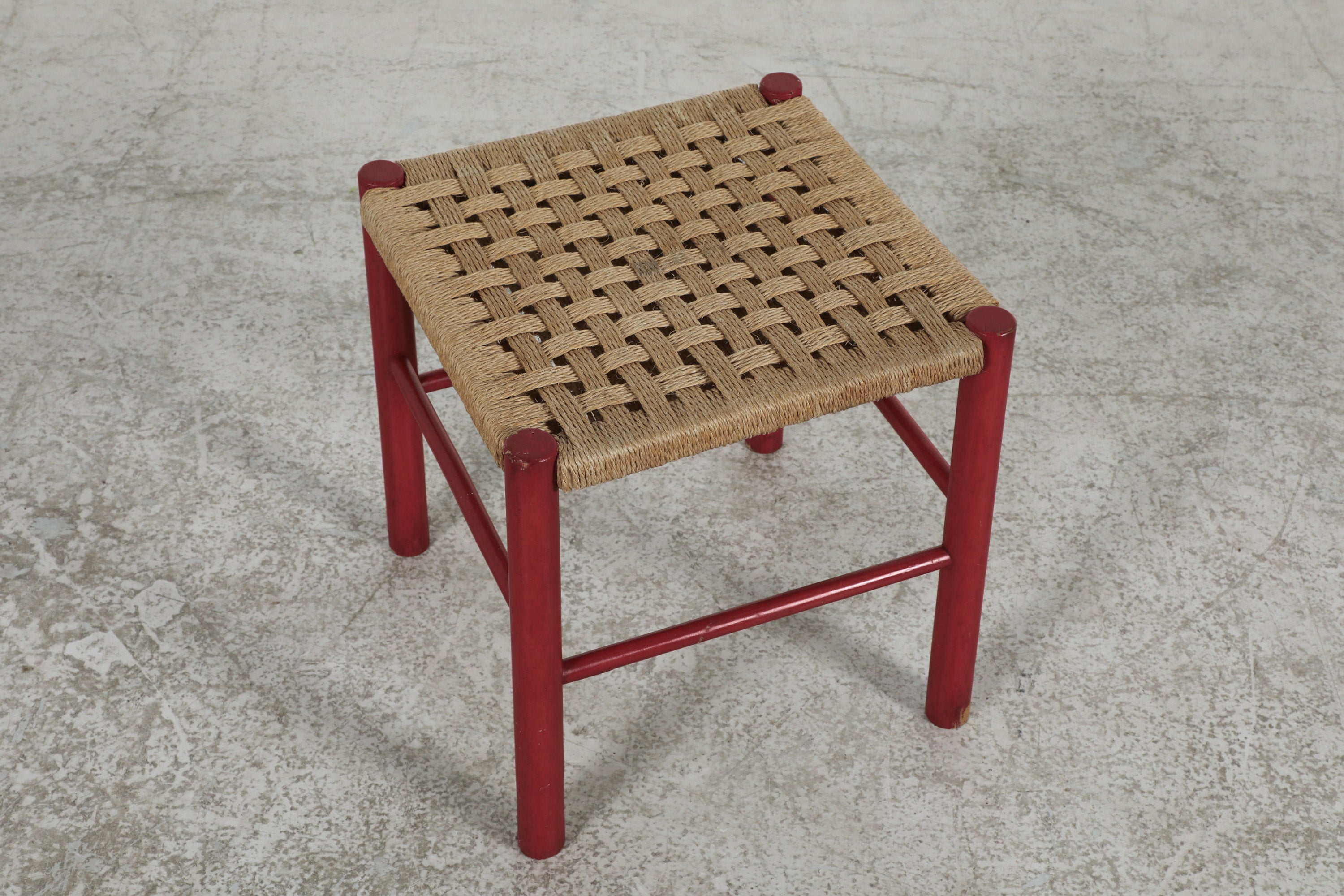 Dutch Mid-Century Charlotte Perriand Style Red Stool with Rush