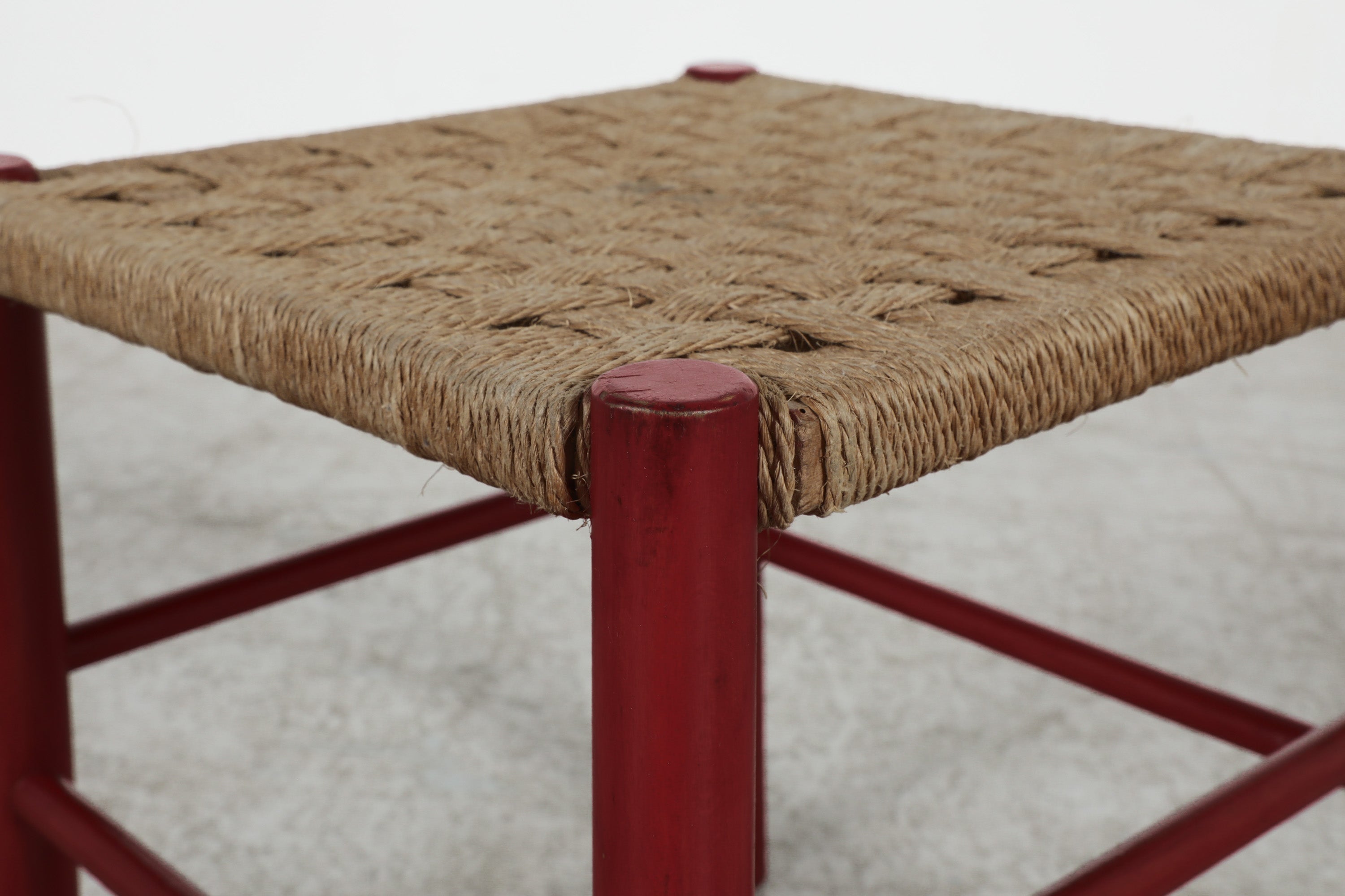 Dutch Mid-Century Charlotte Perriand Style Red Stool with Rush