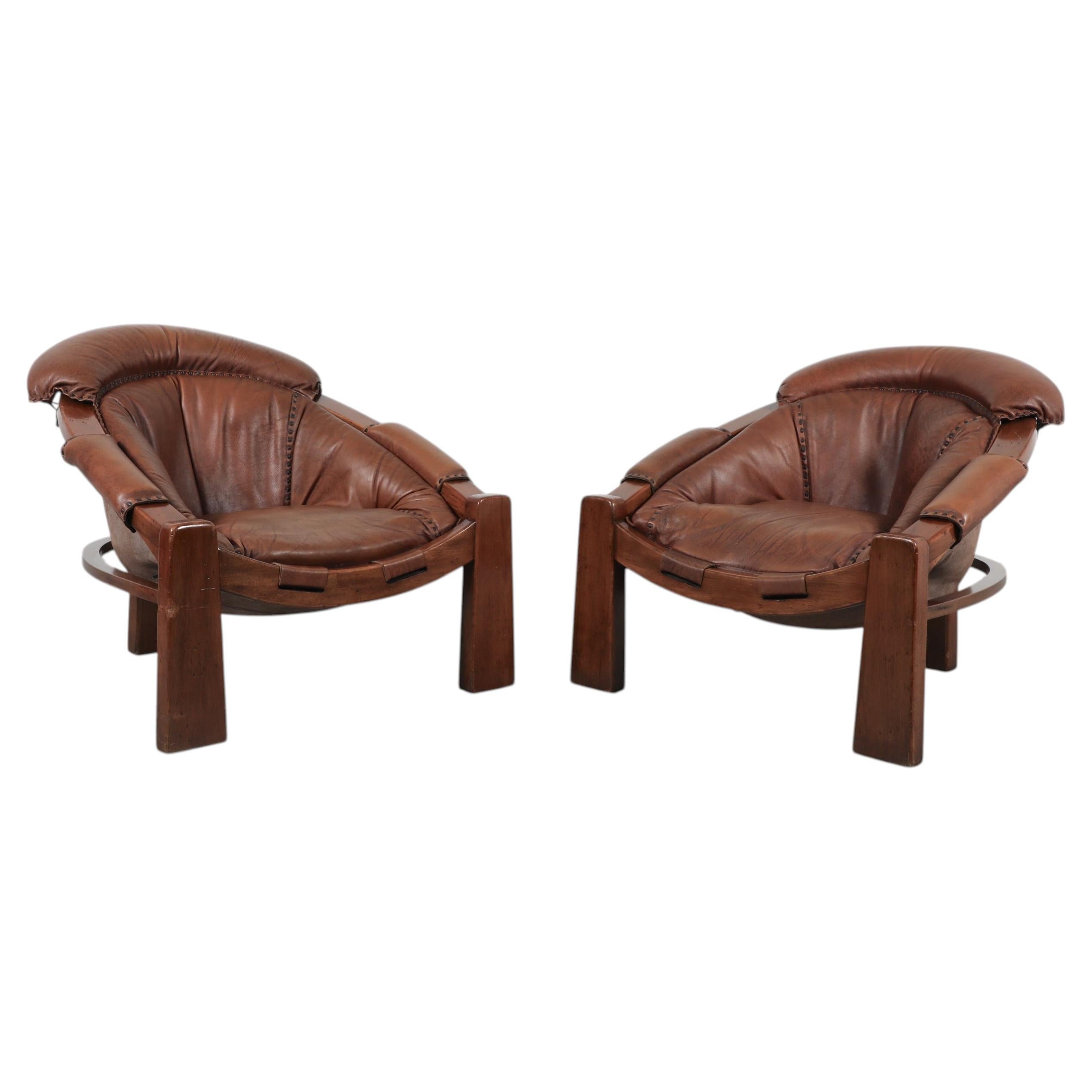 Pair of Luciano Frigerio Brutalist Swashbuckler Leather Lounge Chairs