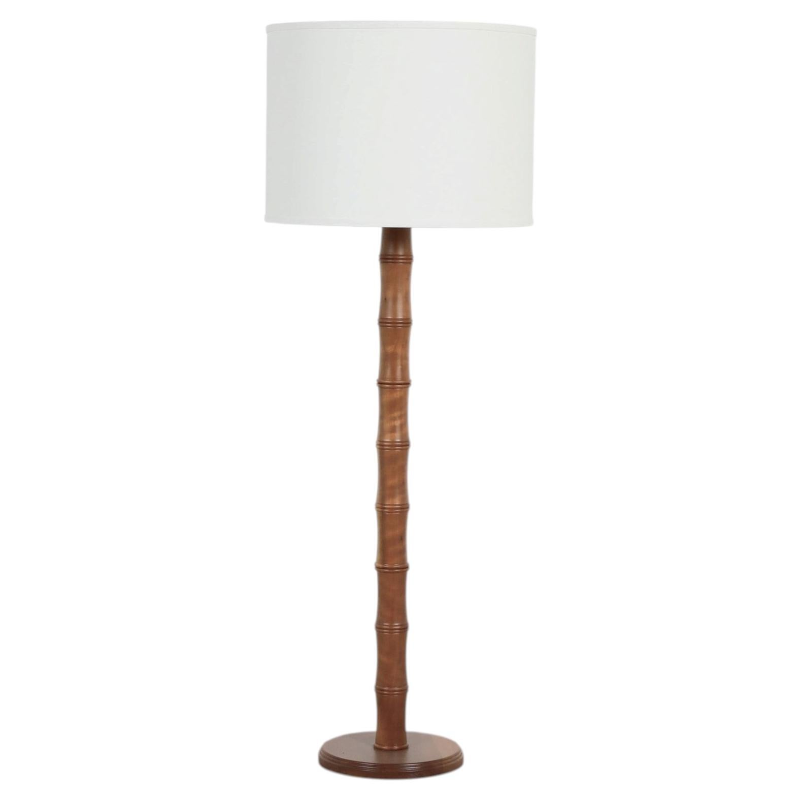 1950s French Mid-Century Hollywood Regency Carved Wood Faux Bamboo Floor Lamp