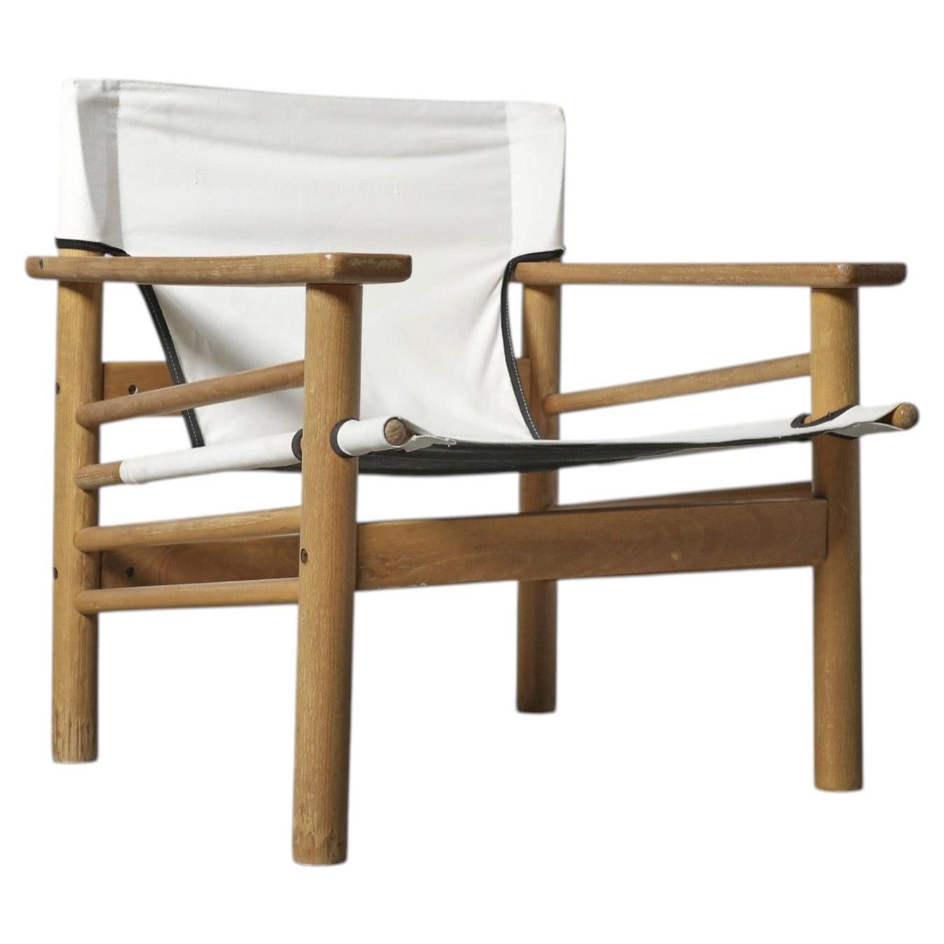 1960s Danish Mid-Century Oak and Canvas Safari Lounge Chair Borge Mogensen Style