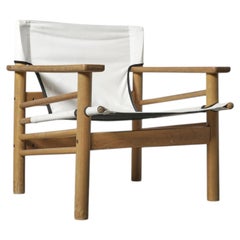 Fauteuil de détente « Safari » danois des années 1960, style Borge Mogensen, en chêne et toile, typique du milieu du siècle