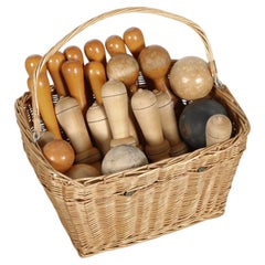 Dutch Mid-Century Wood Skittles & Bowling Set with Rattan Basket